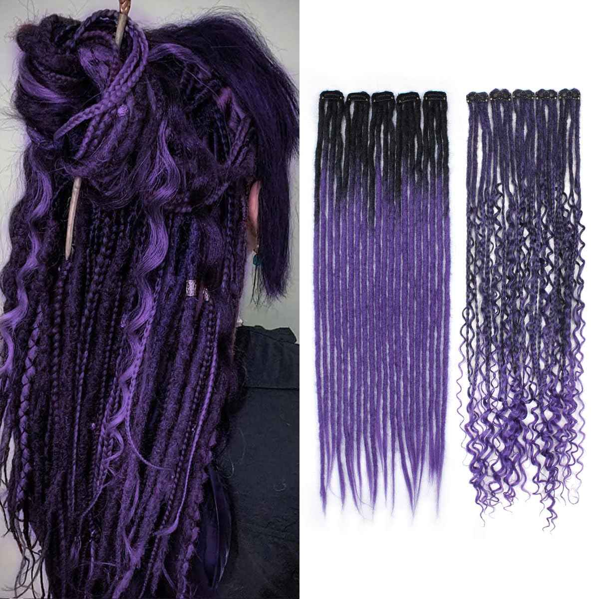 Sangtok 10 PCS Mixed Clip in Dreadlock Extensions, 24 inch Synthetic Dreads Extensions, Thin Straight Dreadlock for Women, 1b-purple