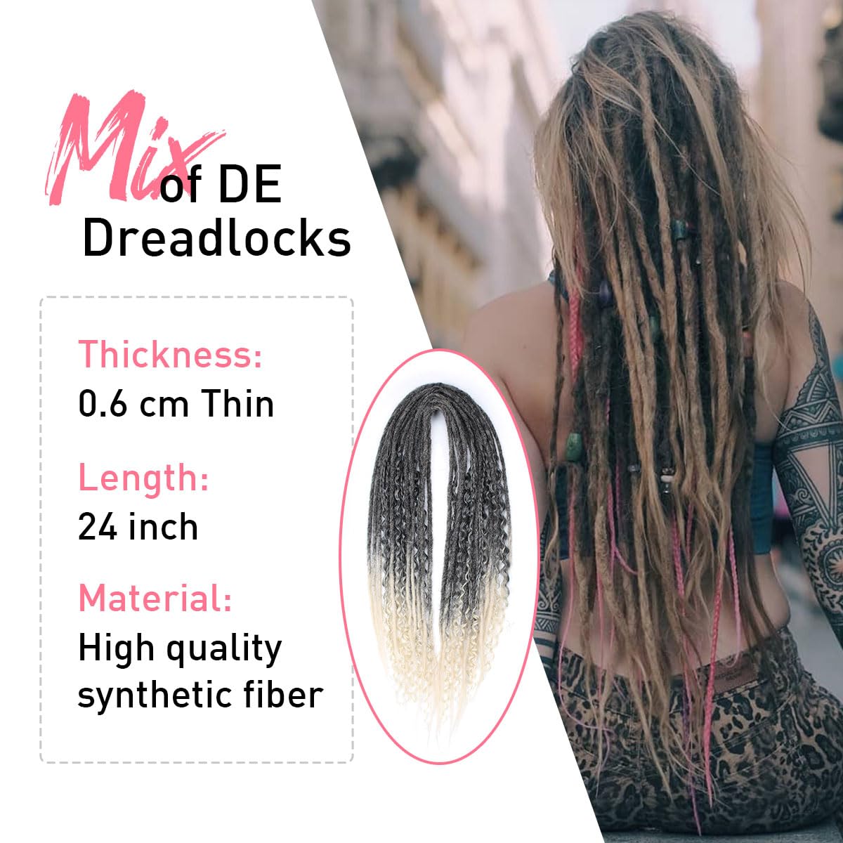 KRALER 24 Inch Mixed DE Dreadlock Extensions Sets, 3 in 1 20 Strands Synthetic Double Ended Dreads Extensions, Gray to Blonde Hippie Crochet Dreads Style for Girls