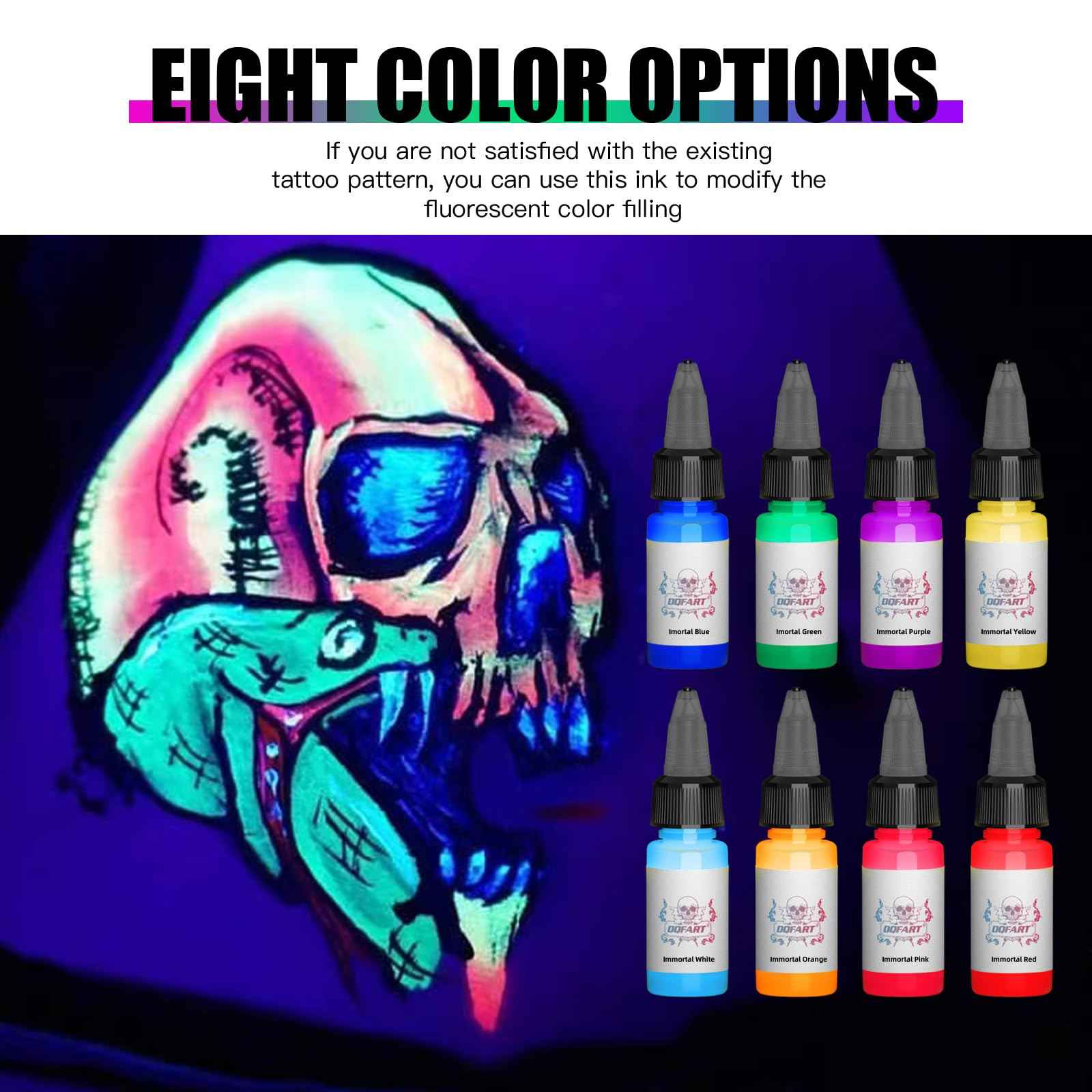 8 Colors UV Tattoo Ink Set,15ml Professional Fluorescent Ink Glow in The Dark Tattoo Ink Blacklight Ink,0.5oz/Bottle Neon Tattoo Ink Invisible