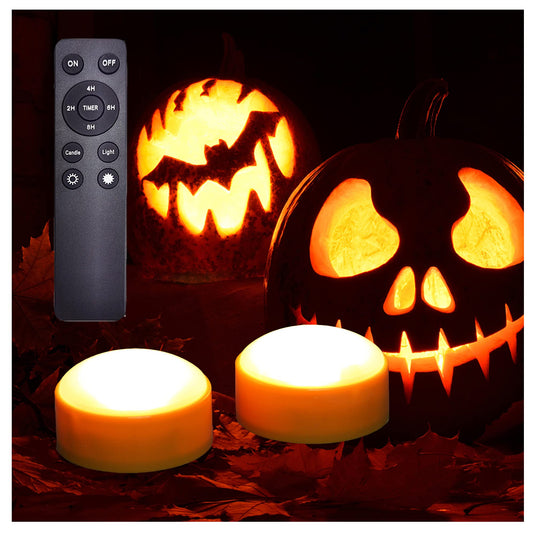 iZAN 2 Pack Battery Operated LED Lights with Remote and Timer, Bright Flickering Flameless Candle Set for Pumpkin Décor Jack-O-Lantern Halloween Party Home Christmas Decorations, Orange Color