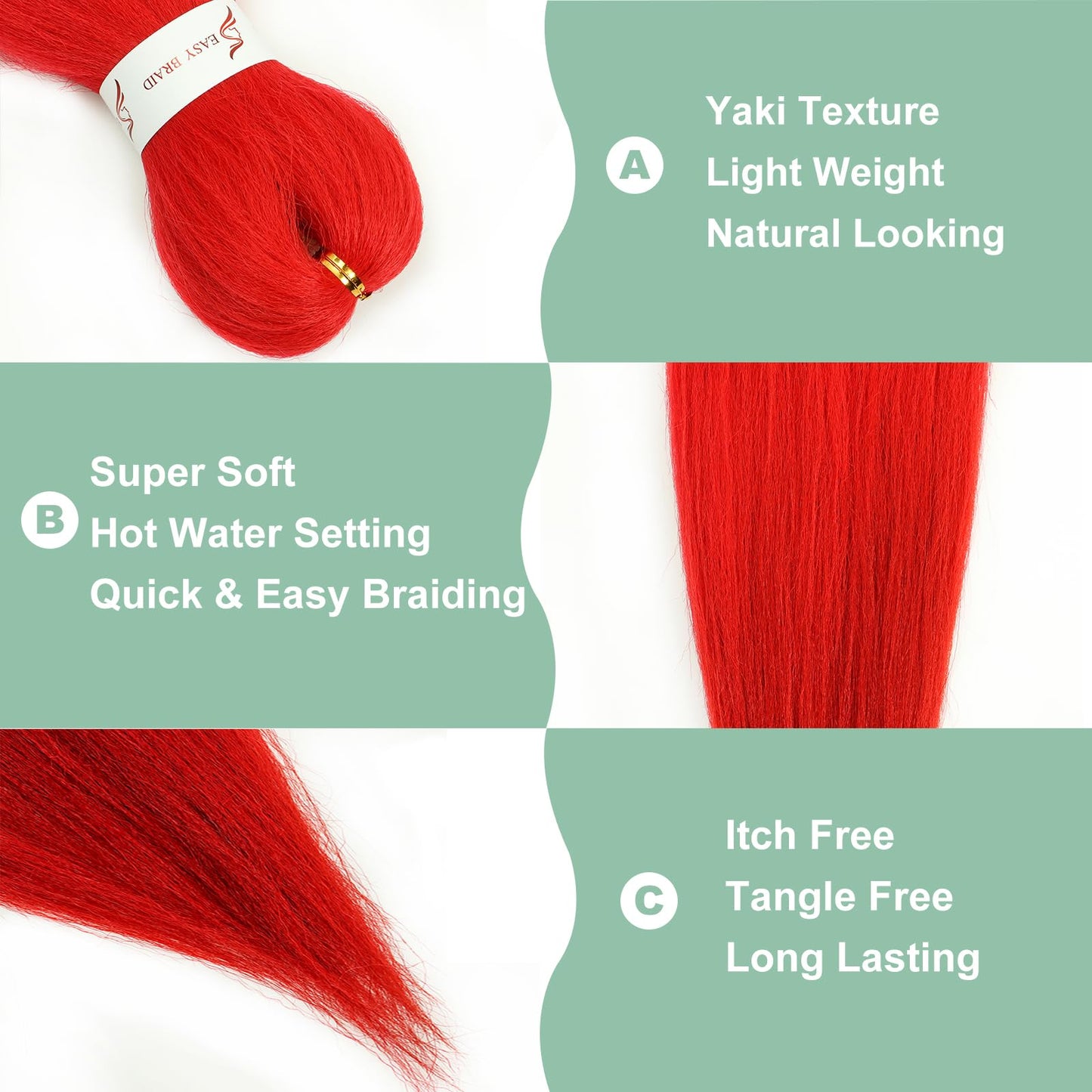 Red Braiding Hair Pre stretched 16 Inch 3 Packs Kanekalon Pre-stretched Braiding Hair EZ Braid Hot Water Setting Soft Yaki Texture Synthetic Hair Extensions for Crochet Box Braids