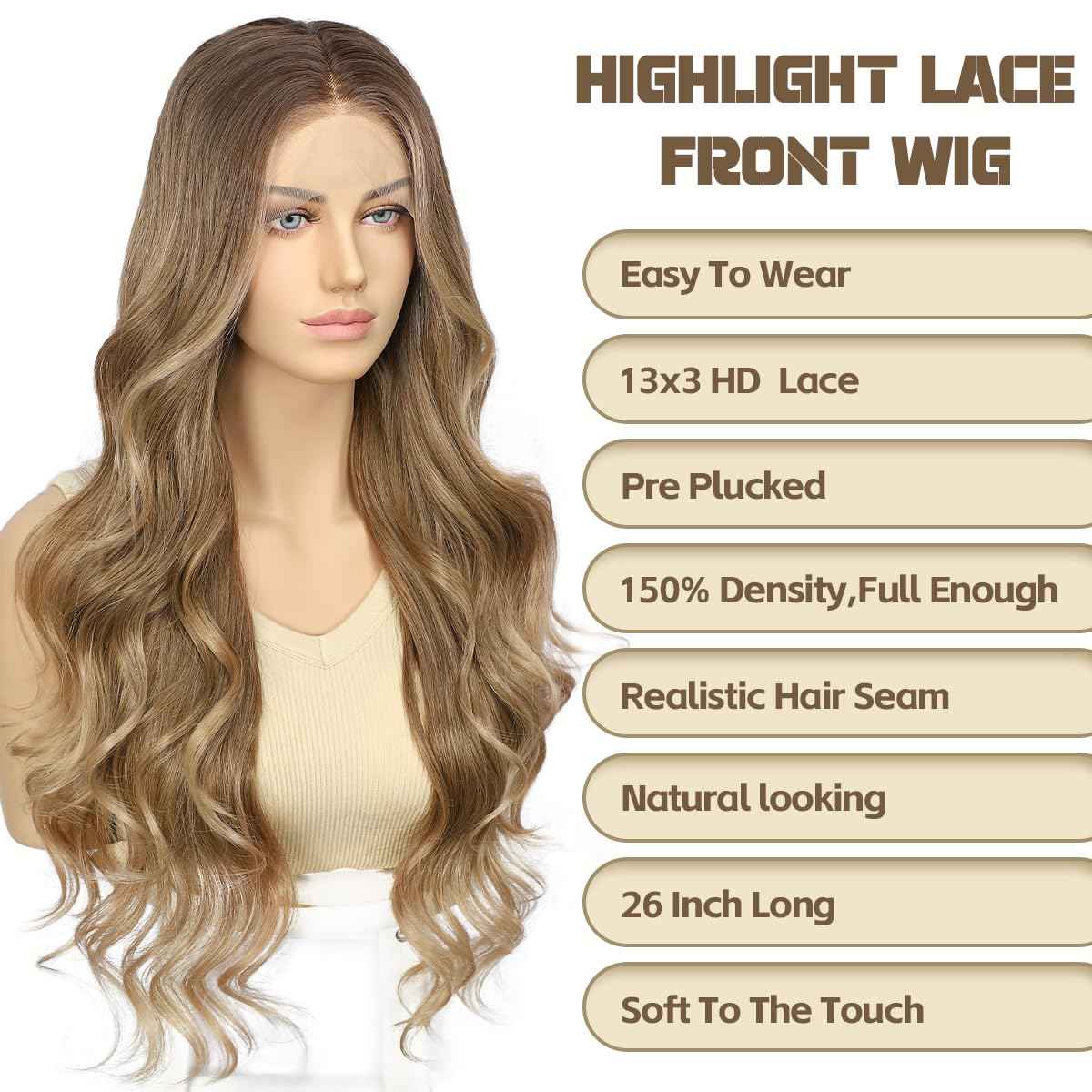 BABEHERS Blonde Lace Front Wig for Women 13x4 Body Wave Synthetic Wigs with Ombre Blonde Tips Pre-plucked Long Wavy 150% Density Heat Resistant Hair Daily Party Use 26 Inch