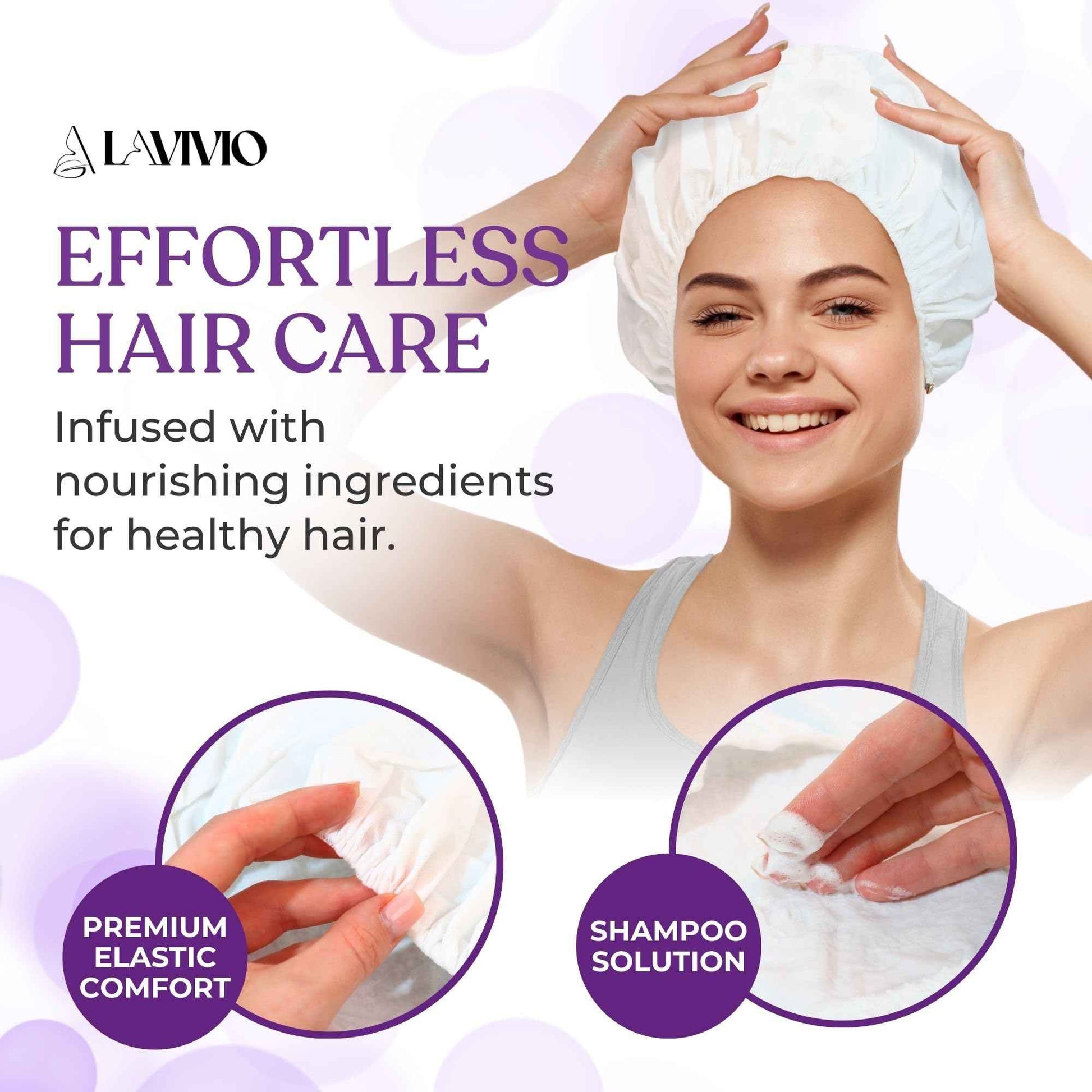 LAVIVIO No Rinse Shampoo Caps – Waterless Hair Washing Shower Caps for Bedridden Patients, Elderly, Hospital Use – Disposable Rinseless Conditioning Bathing Supplies with Aloe Vera, Vitamins - 12 Pack