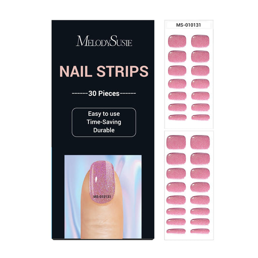 MelodySusie Semi Cured Gel Nail Strips (Pink Glitter)- Works with Any Nail Lamps, Salon-Quality, Long Lasting, Easy to Apply & Remove - Includes 30Pcs, 2 Prep Pads, Nail File & Wooden Stick