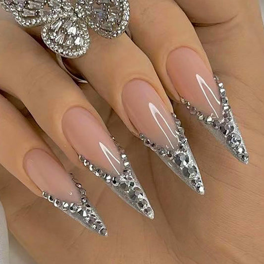 Silver Press on Nails Long Stiletto Fake Nails with Designs French Glitter Rhinestones Nude Pink Full Cover Acrylic Artificial Spring False Nails Summer Glue on Nails for Women and Girls 24Pcs