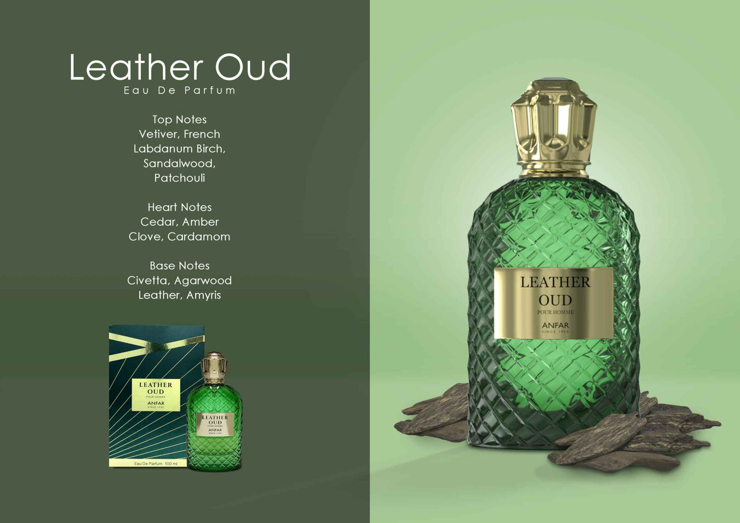 Anfar Leather Oud Pour Homme Eau De Parfum,3.4OZ FOR MEN,100 ml, Vetiver, Labdanum, Birch, Sandalwood, Patchouli.