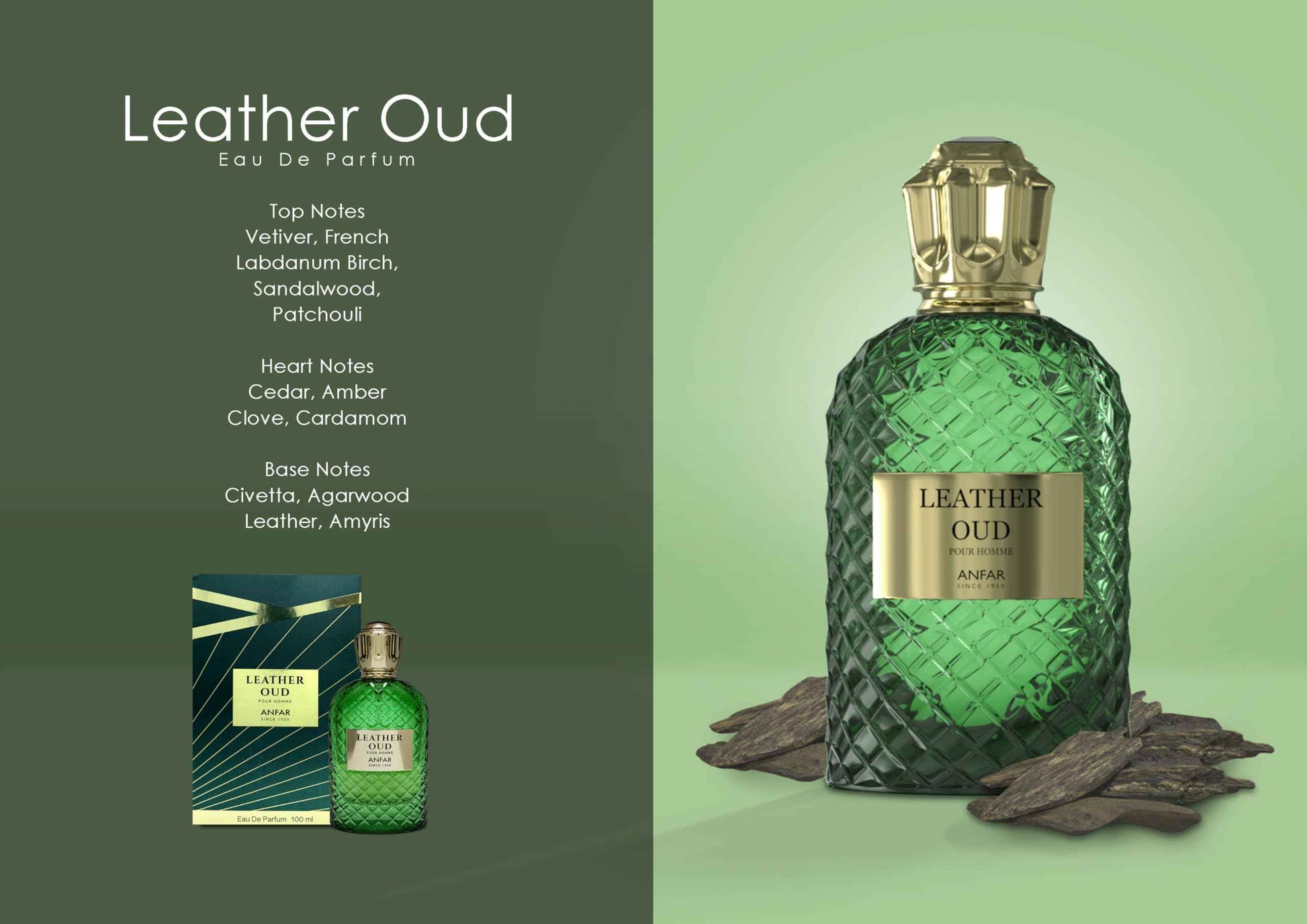 Anfar Leather Oud Pour Homme Eau De Parfum,3.4OZ FOR MEN,100 ml, Vetiver, Labdanum, Birch, Sandalwood, Patchouli.