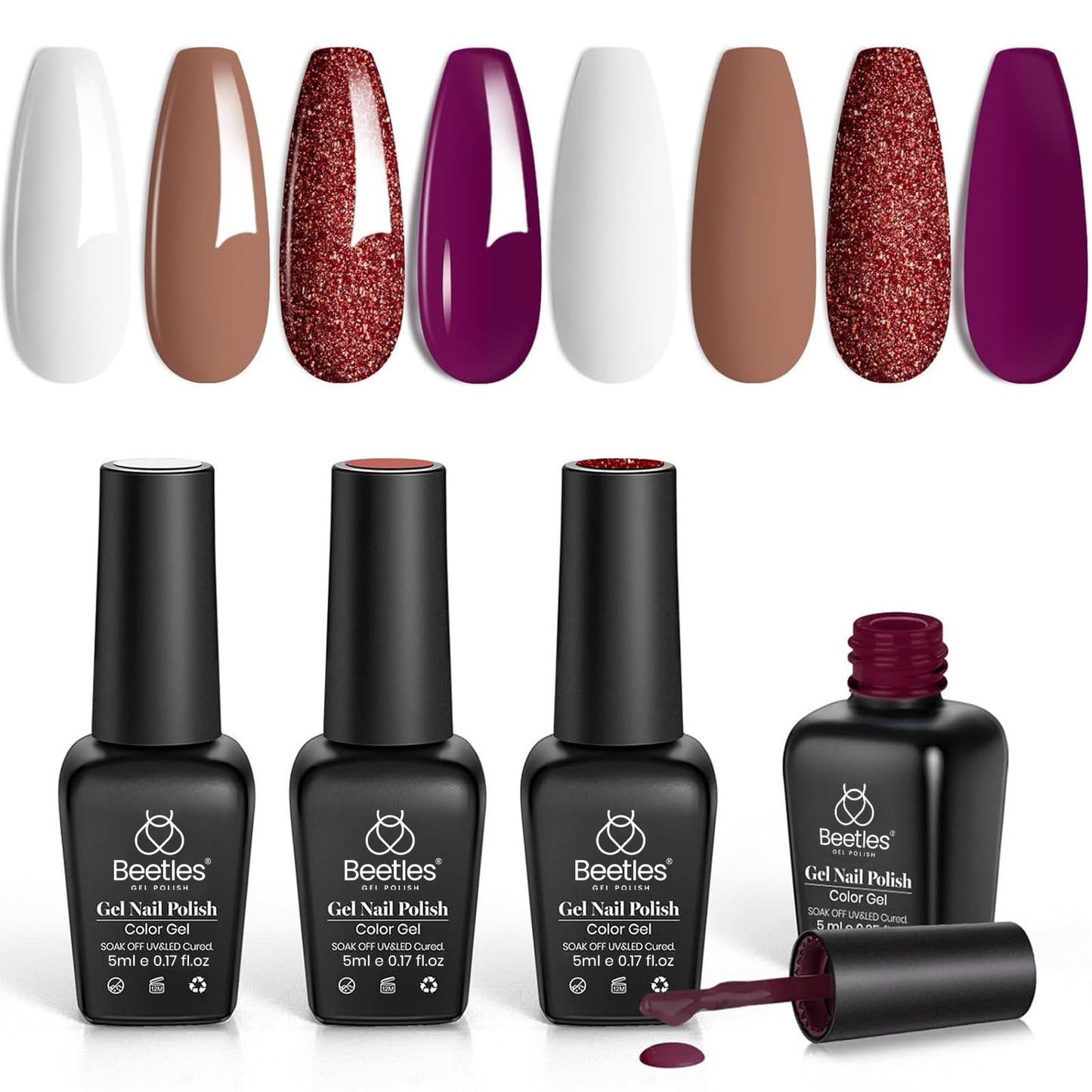 Beetles Fall Gel Nail Polish, Dark Burgandy Plum Gel Nail Polish Set - 4 Colors Glitter Metallic Beige White Brown Gel Polish Soak Off Uv LED Lamp Gel Nail Manicure DIY Home