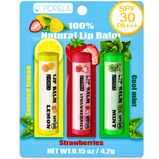 YOPELA 3 Pack SPF Lip Balm Bulk - SPF 30 SunGuard Lip Balm Sunscreen- Summer Protection for Lasting Hydration UV Defense Prevents and Soothes Dry, Chapped Lips-3 Delicious Flavors