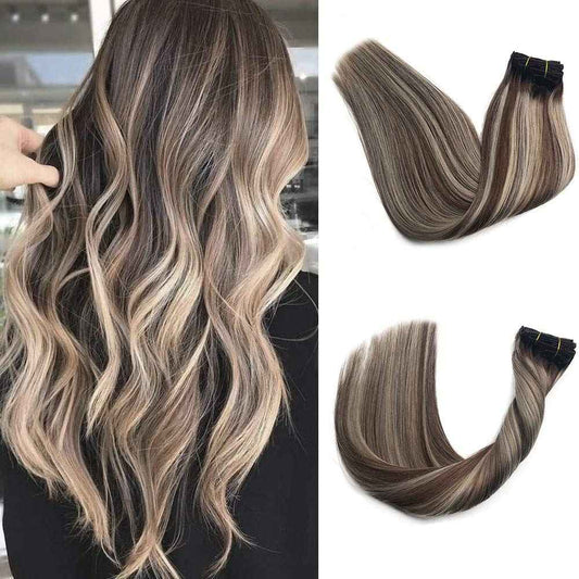 Clip in Hair Extensions18Inch Full Head 100% Brazilian Remy Human Hair Ombre Colored #2 Dark Brown and #6 Light Brown Fading to #60 Platinum Blonde Soft Silky Straight for Women 8Pcs 20clips 140g