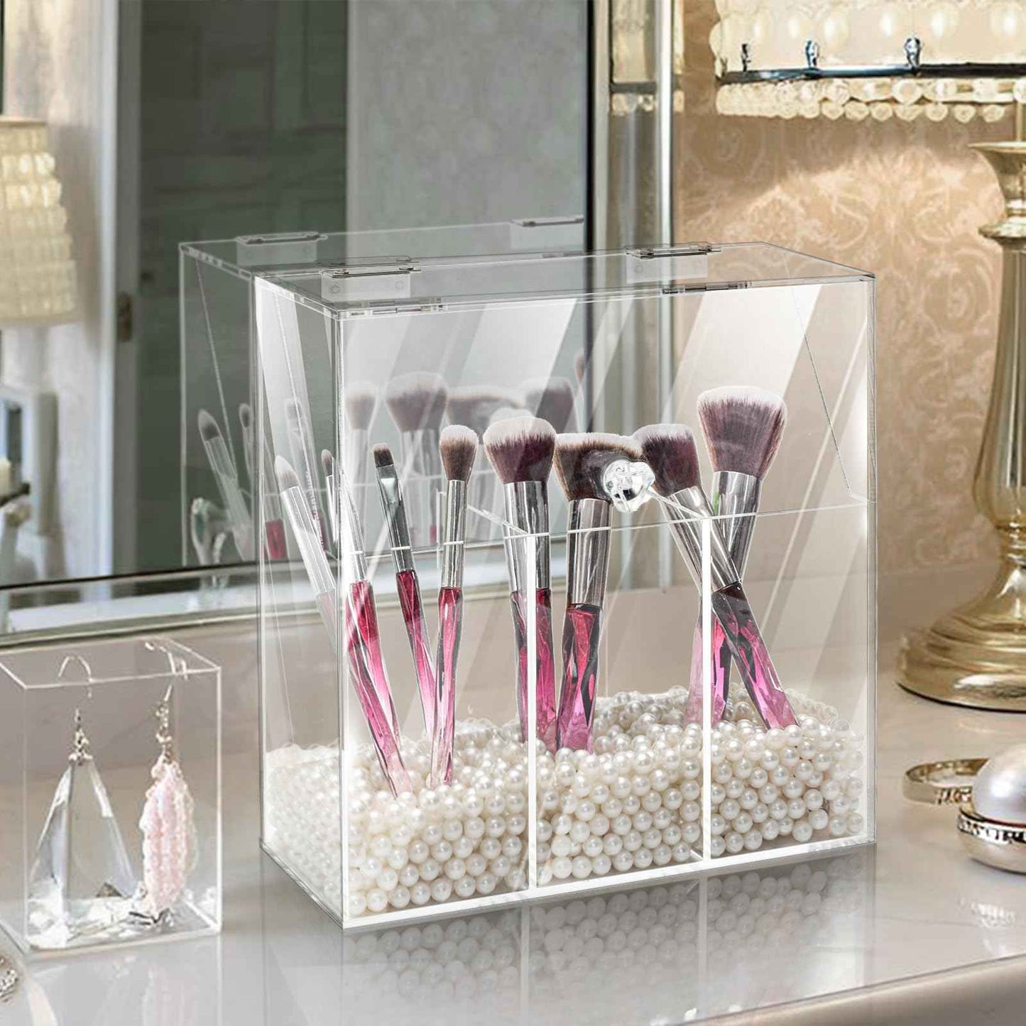 Okllen Makeup Brush Holder with Dustproof Lid, White Pearls, Acrylic Clear Makeup Brush Organizer with 3 Compartment, Large Cosmetic Brush Storage Box Case for Vanity, Bathroom, Bedroom