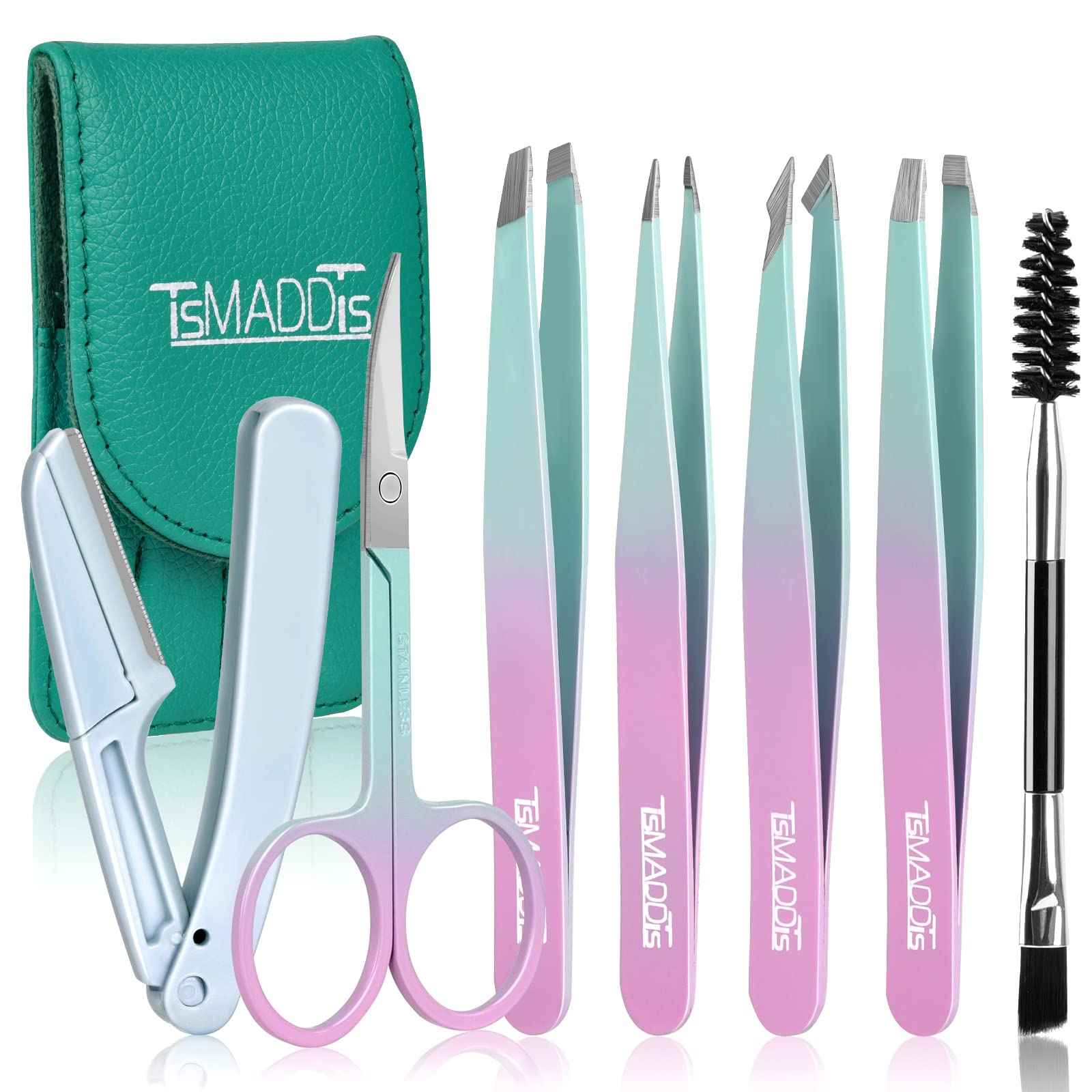 TsMADDTs Eyebrow Tweezer Set, 13 Pcs Tweezers Set for Women, Precision Tweezer for Eyebrows with Curved Scissors for Ingrown Hair, Hair Plucking Daily Beauty Tools with Leather Travel Case