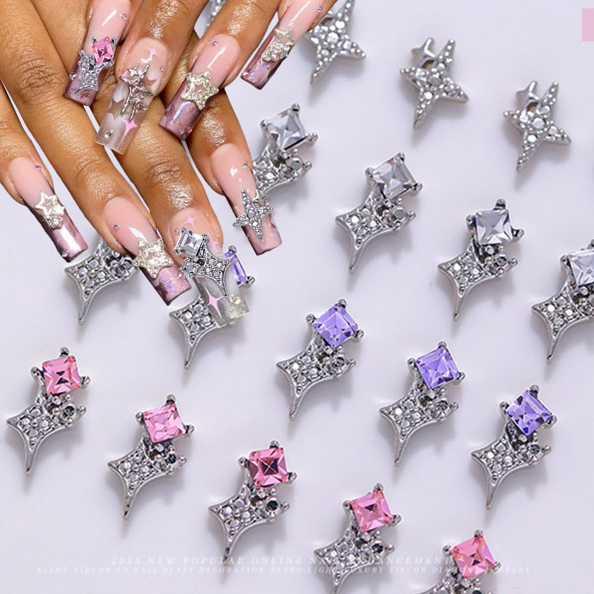 20Pcs Silver Star Nail Charms for Nail Art Crystal Diamond Stars Nail Art Charms Pink Purple Alloy 3D Alloy Star Nail Rhinestone with Gems and Charms Y2K Nail Supplies for Acrylic Nails Decor Crafts