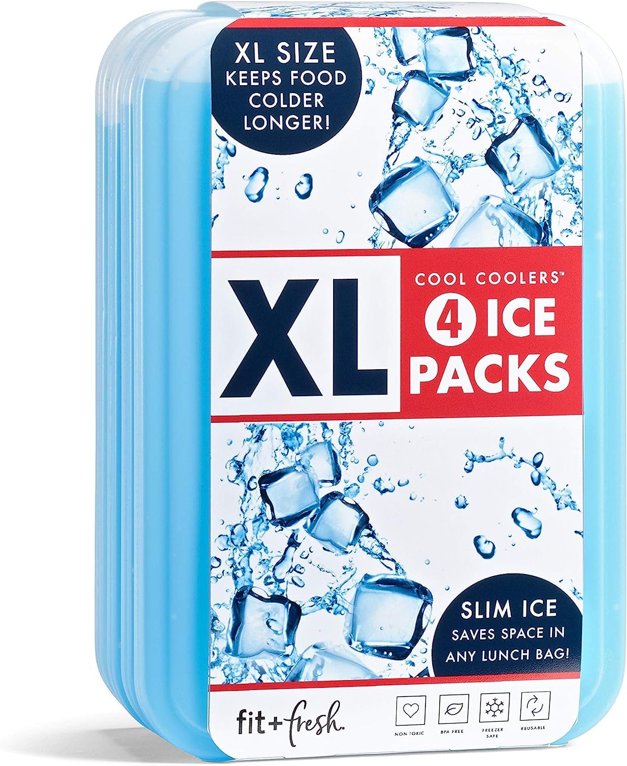 Cool Coolers by Fit & Fresh 4 Pack XL Slim Ice Packs, Quick Freeze Space Saving Reusable Ice Packs for Lunch Boxes or Coolers, Blue, 239ICE, 4 count (Pack of 1)