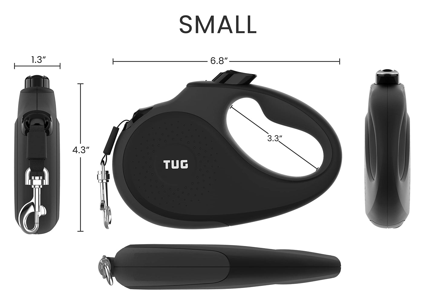 TUG 360° Tangle-Free Retractable Dog Leash with Anti-Slip Handle | 16 ft Strong Nylon Tape | One-Handed Brake, Pause, Lock (Small, Black/Grey)