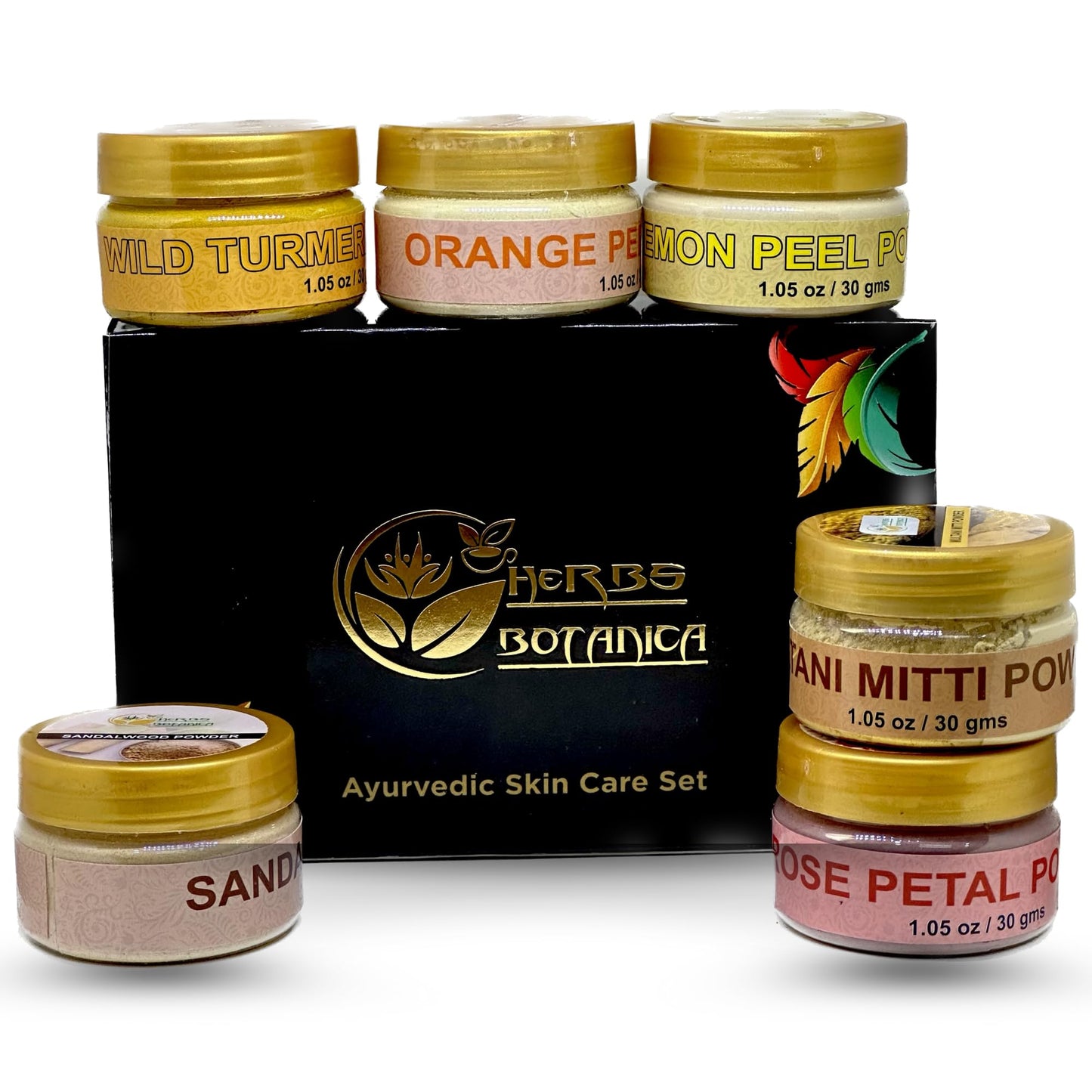 Herbs Botanica Natural Radiance Skin Care Sampler | Sandalwood Powder, Orange Peel Powder, Lemon Peel Powder, Rose Petals Powder, Wild Turmeric Powder, Multanni Mitti Powder 1 oz Each In Gift Pack