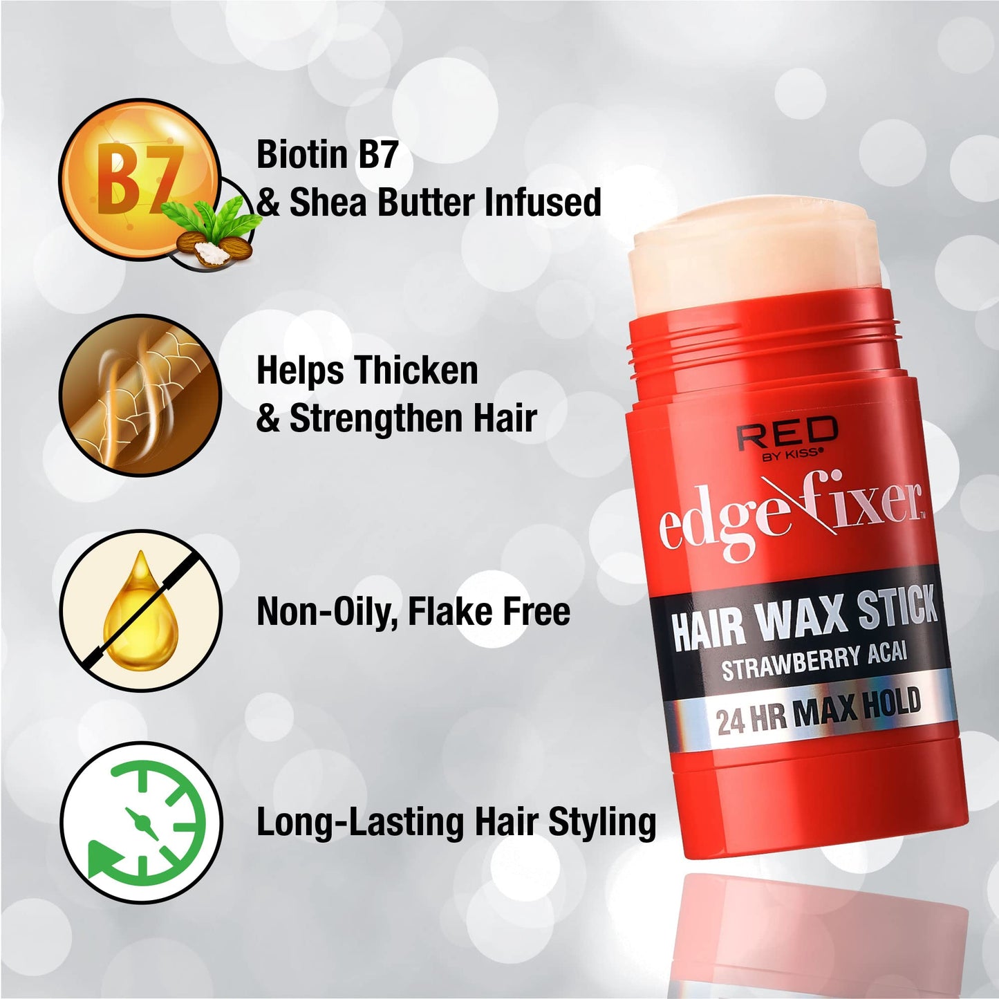 Red by Kiss Hair Wax Stick 24HR Max Hold Edge Fixer Edge Control Pomade Non-Sticky, Non-Oily Flake Free Hair Styling Wax (Strawberry Acai)