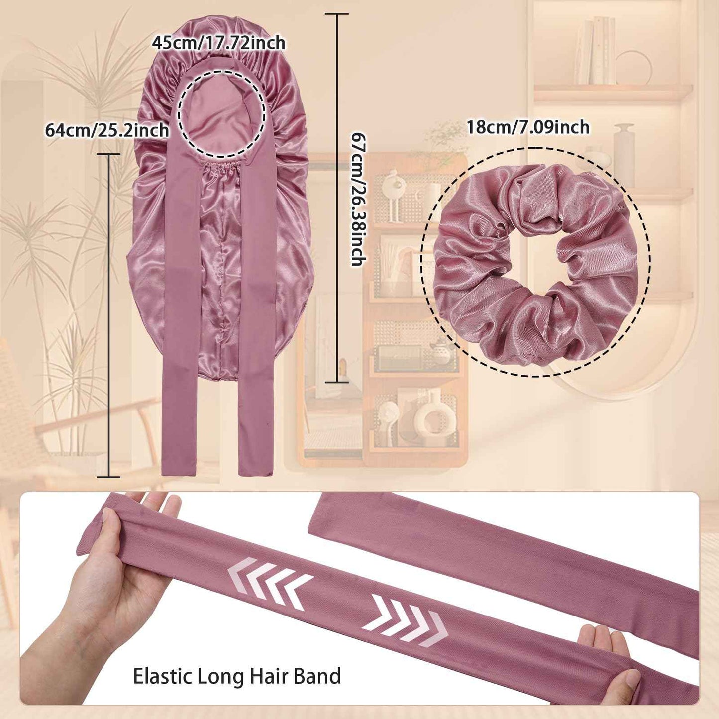 Long Satin Braid Bonnet for Women Silk Bonnet for Sleeping Sleep Cap with Elastic Tie Band Night Cap for Long Curly Hair Give Away Scrunchie(Bean Paste)