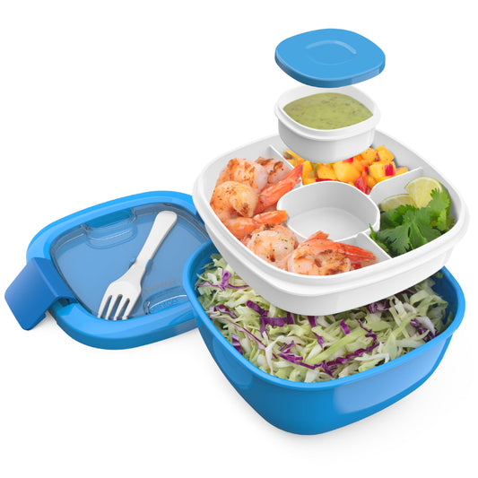 Bentgo All-in-One Salad Container - Large Salad Bowl, Bento Box Tray, Leak-Proof Sauce Container, Airtight Lid, & Fork for Healthy Adult Lunches; BPA-Free & Dishwasher/Microwave Safe (Blue)