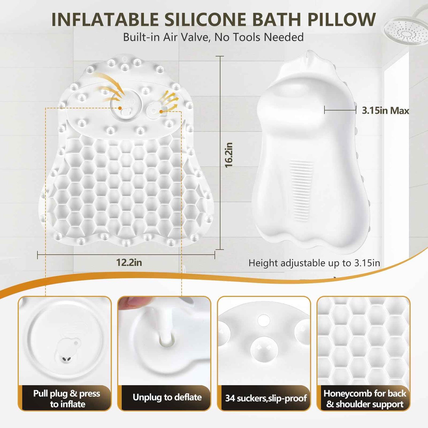 Inflatable Bath Pillows for Tub - Adjustable Firmness Silicone Bathtub Pillow for Neck-Relaxing & Epsom Salt Soaking, Bath Pillow for Head & Back Support Cushion, Spa Gifts for Women, Parent (White)