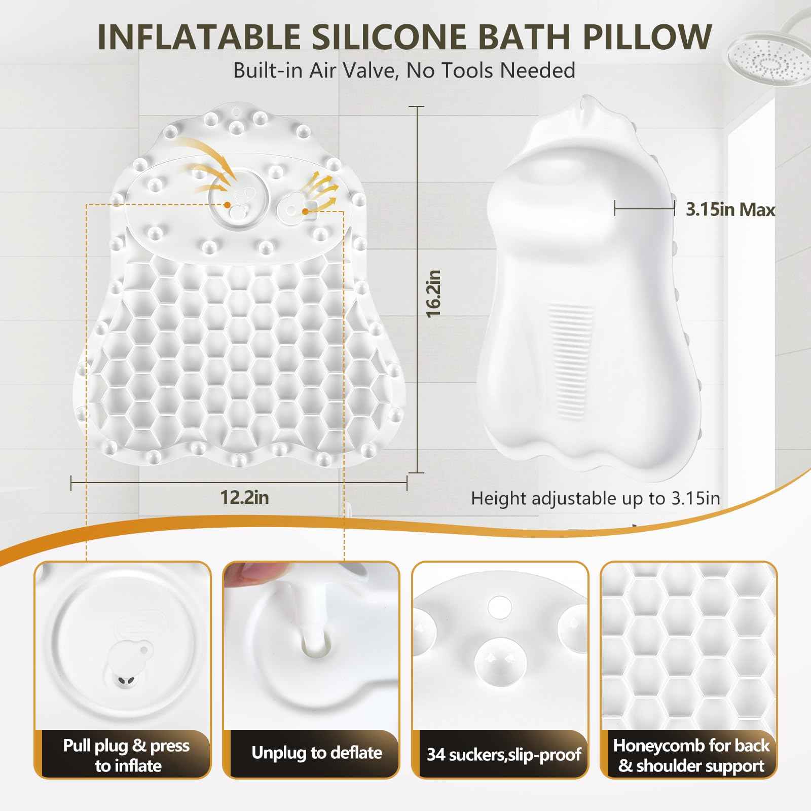 Inflatable Bath Pillows for Tub - Adjustable Firmness Silicone Bathtub Pillow for Neck-Relaxing & Epsom Salt Soaking, Bath Pillow for Head & Back Support Cushion, Spa Gifts for Women, Parent (White)