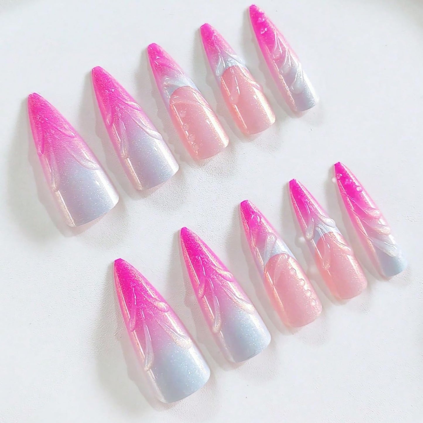 Press on Nails Long Stiletto Hot Pink Obrem Fake Nails Three-Dimensional Water Droplet False Nails with Designs Full Cover Summer Acrylic Nails Glossy Glue on Nails Artificial Nails for Women Girls