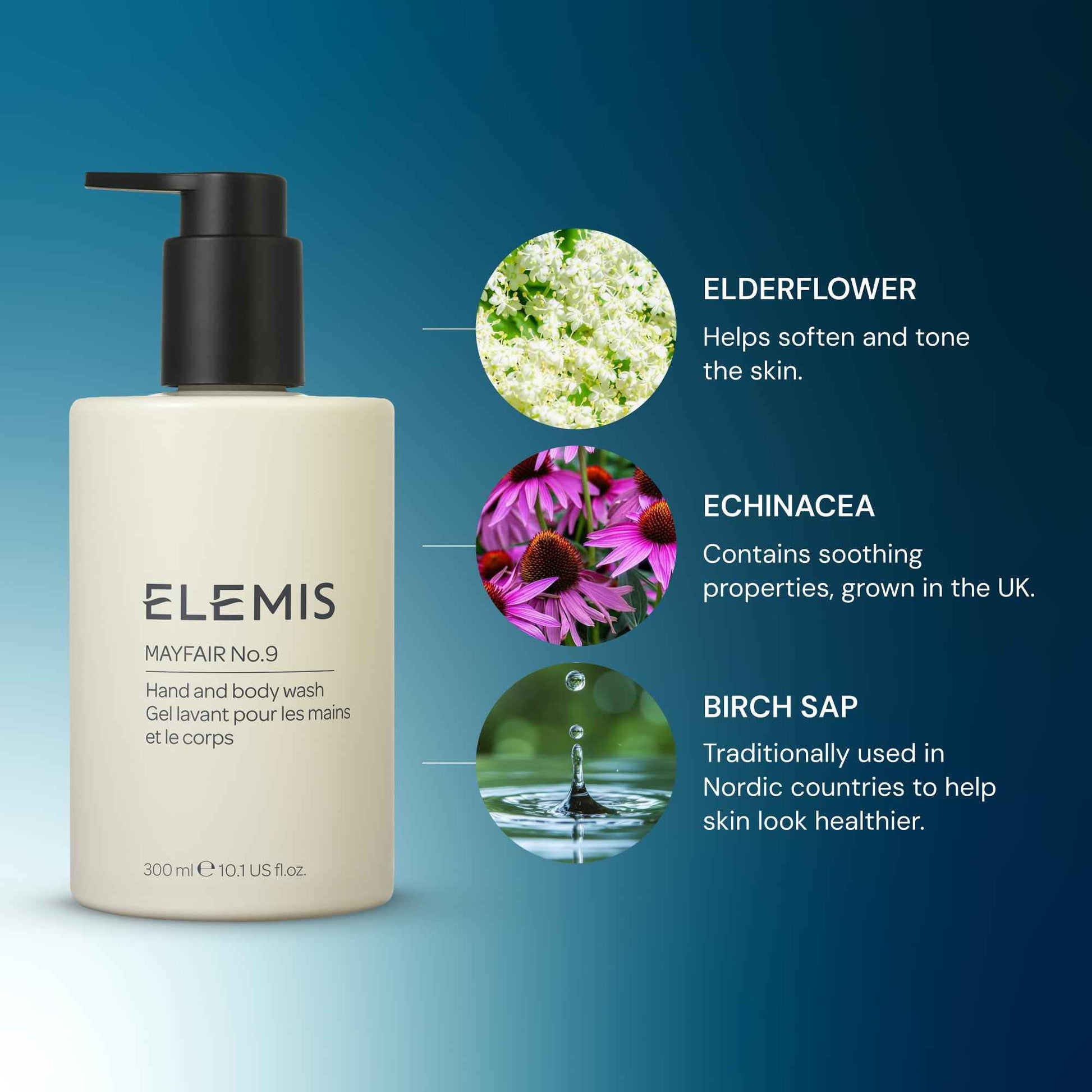 ELEMIS Mayfair No.9 Hand & Body Wash, Cleanses, Hydrates, and Refreshes, 95% Biodegradable, PEG- and SLS-Free, Refillable + Recyclable Bottle, 300ml