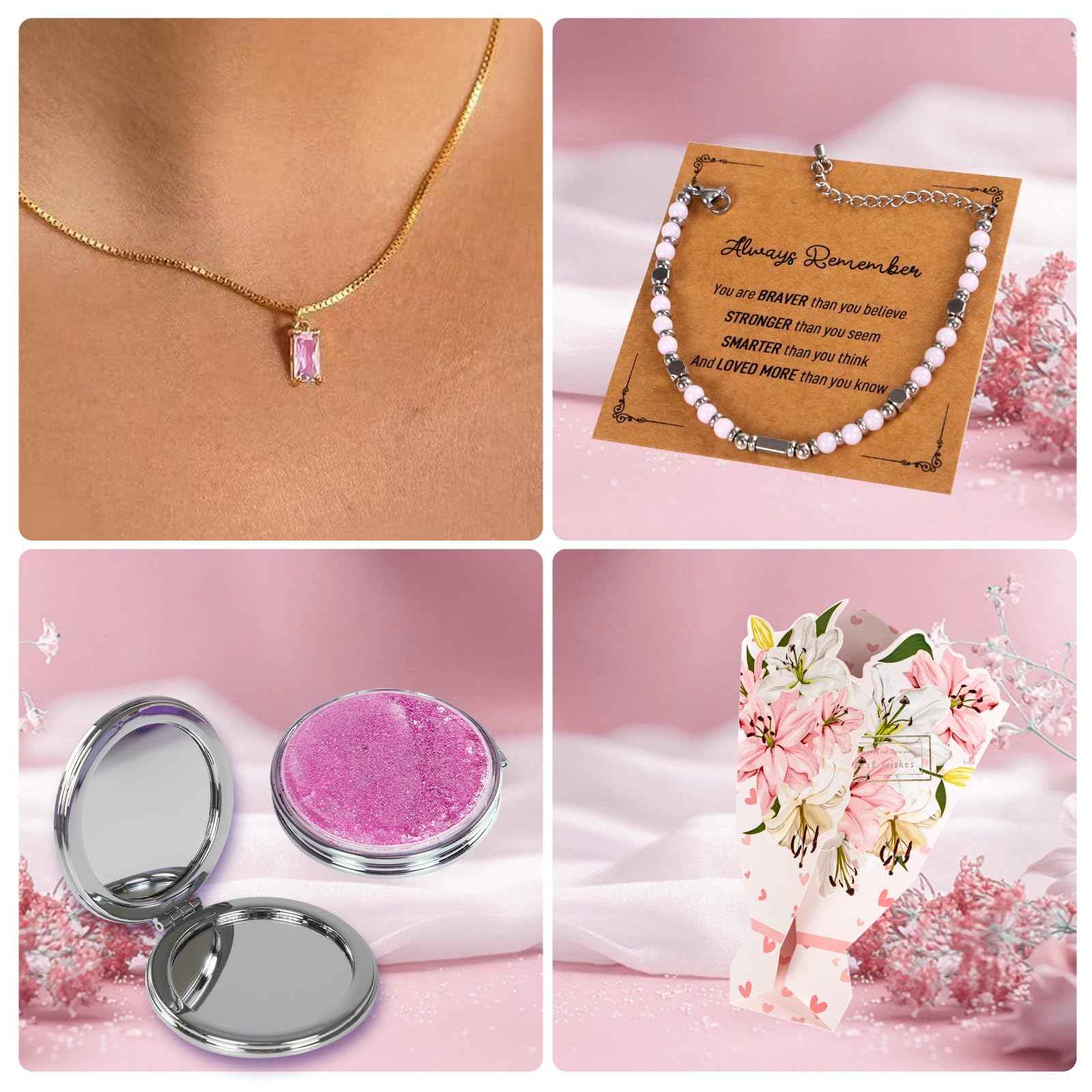 40PCS Trendy Stuff Gifts Set for Teen Girls -Makeup Brushes Set + Blending Sponges + Silk Heatless Curling Set + Jewelry Set & Skincare Headbands | Birthday Gift for Daughter, Niece, Her (Pink)