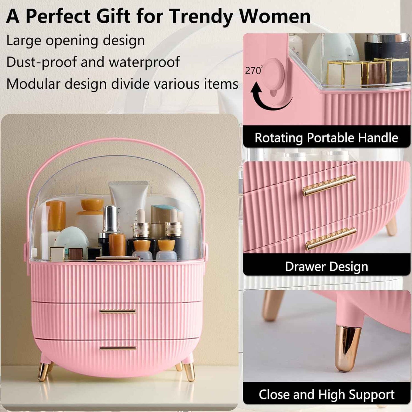 GLTAYLMY Makeup Organizer for Vanity, Cosmetics Skincare Organizers with Lid and Drawers, Cosmetic Display Cases for Countertop Bathroom Dresser, Ideal Gifts for Women