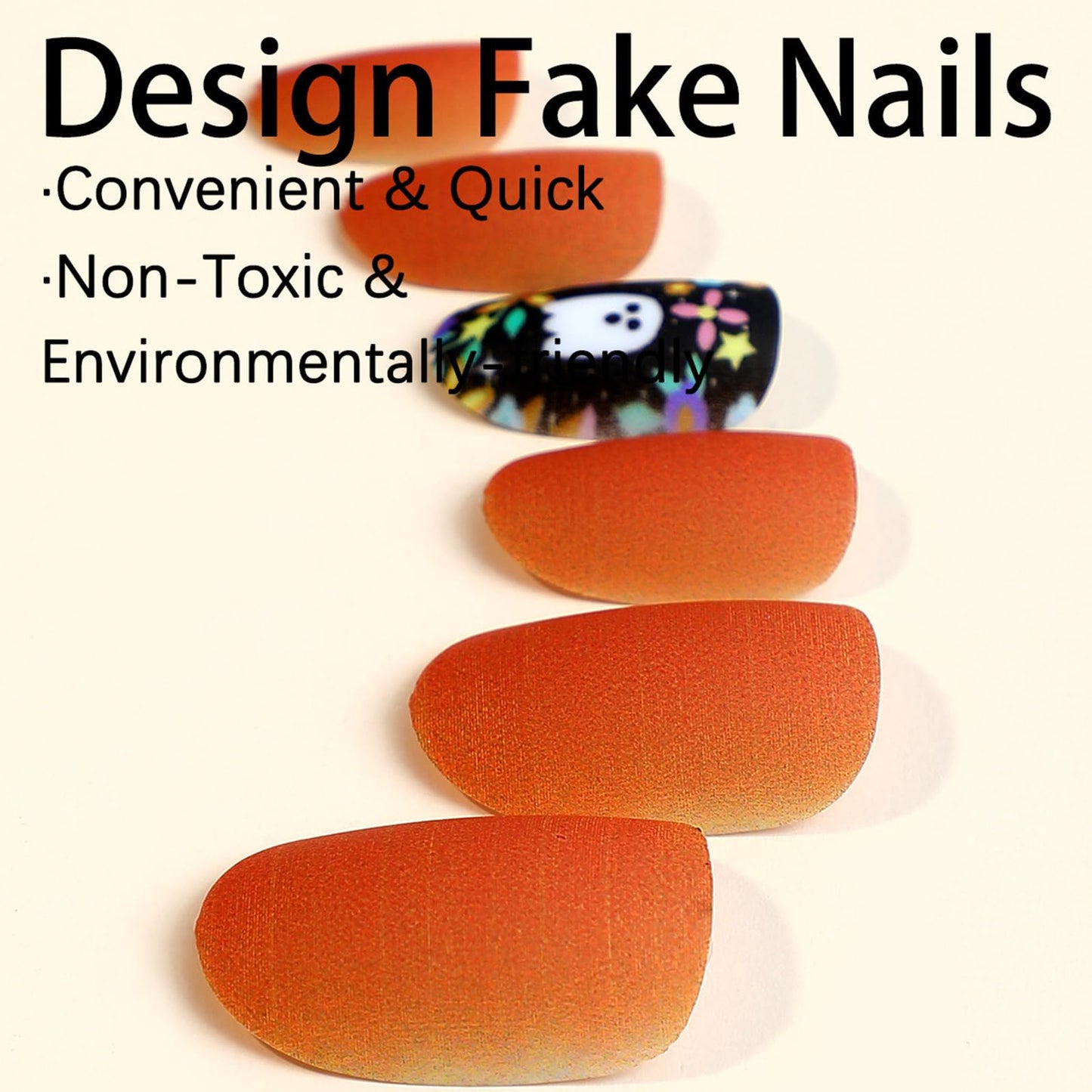 Short Press on Nails Halloween Fake Nails Short Almond False Nails with Ghost Flower Moon Designs Orange Acrylic Nails Full Cover Artificial Nails Matte Glue On Nails for Women Halloween Manicure