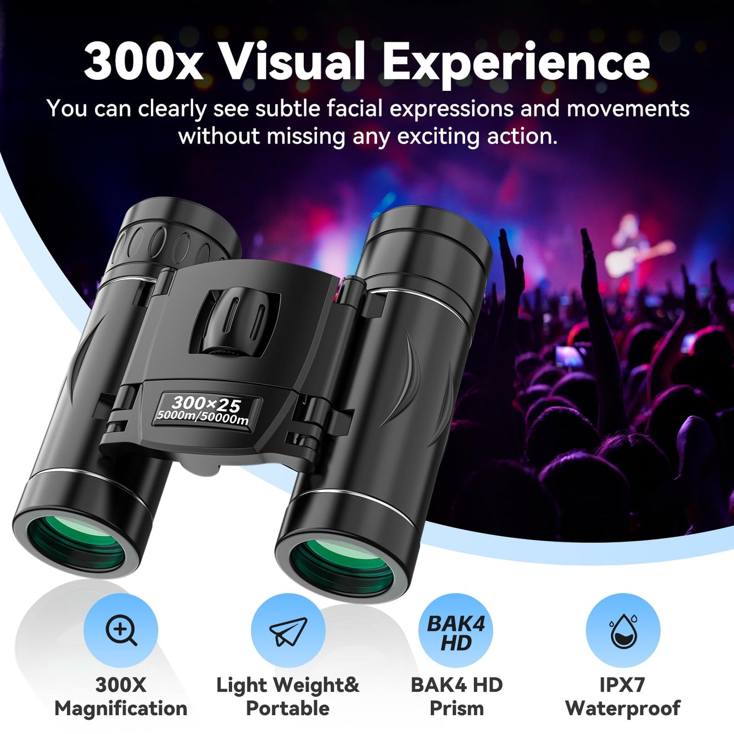 300x25 Binoculars for Adults and Kids, High Powered Mini Pocket Binoculars with Phone Adapter, Waterproof Compact Binoculars for Bird Watching, Hunting, Concert, Theater, Opera, Traveling, Sightseeing