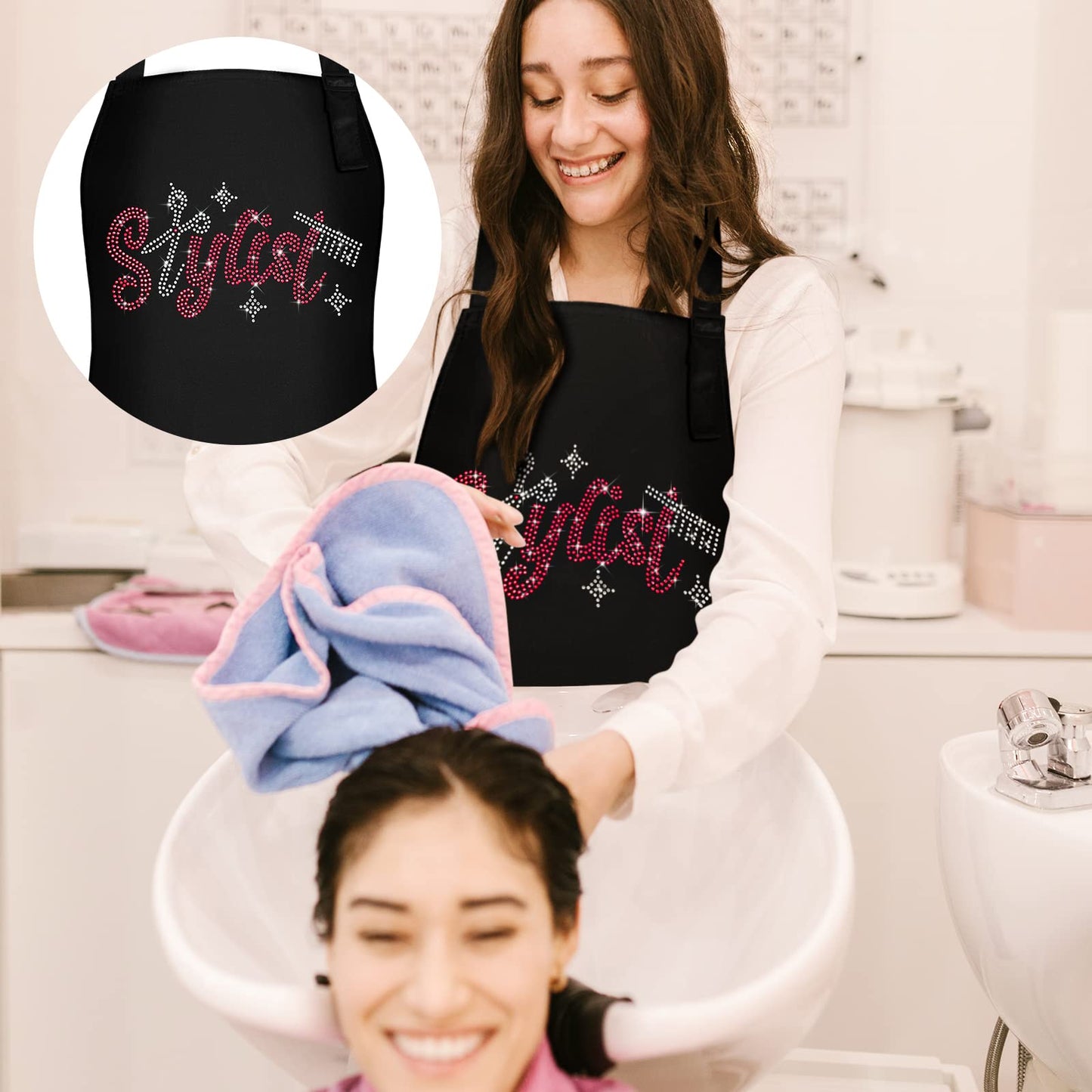 Coume 2 Pcs Hair Stylist Apron Hairstylist Salon Apron with Rhinestone Tools and 3 Pockets Waterproof Hairdresser Barber Aprons (Pink, Trendy and Simple)