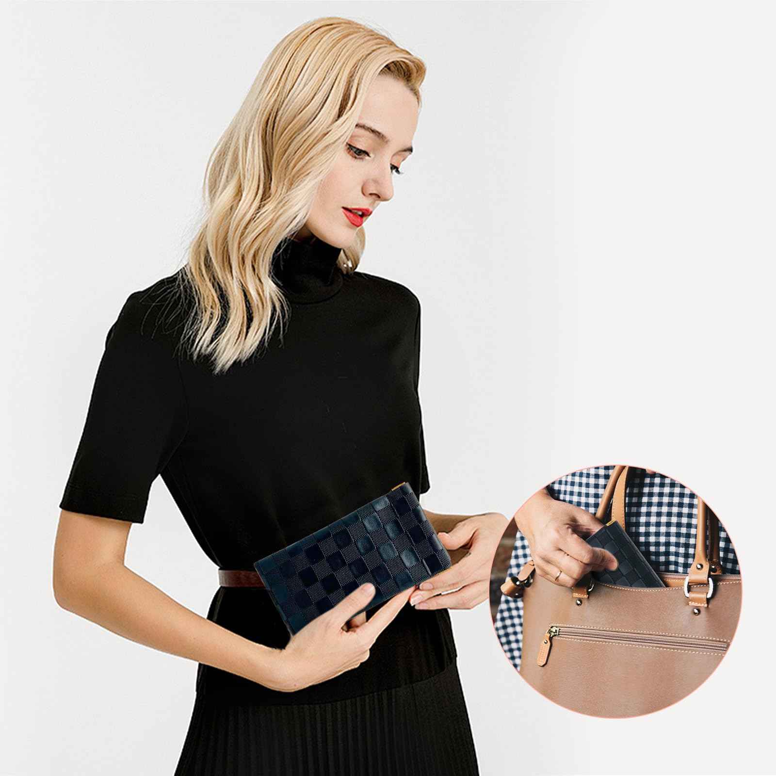 4PCS Small Makeup Bag for Purse, Mini Leather Pocket Cosmetic Bag for Women, Waterproof Portable Makeup Pouch No Zipper Coin Purse Lipstick Bag Accessories, Checkered Travel Storage Bag(Black, Brown)