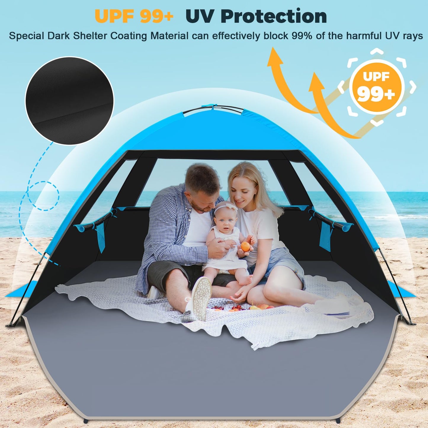 Venustas Beach Tent Sun Shelter for 3/4-5/6-7/8-10 Person, UPF 50+ UV Protection Beach Canopy, Lightweight and Easy Setup Cabana, Portable Beach Shade Tent