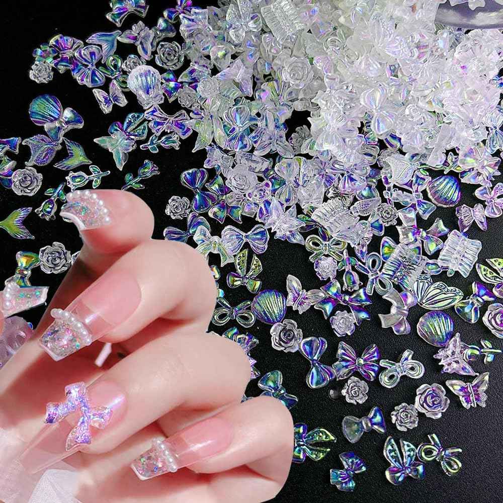 100pcs Mix Shapes Aurora Nail Art Charms - Camellia Bow, Resin Flower, Butterfly, Kawaii Bear, Moon, Heart Nail Charms