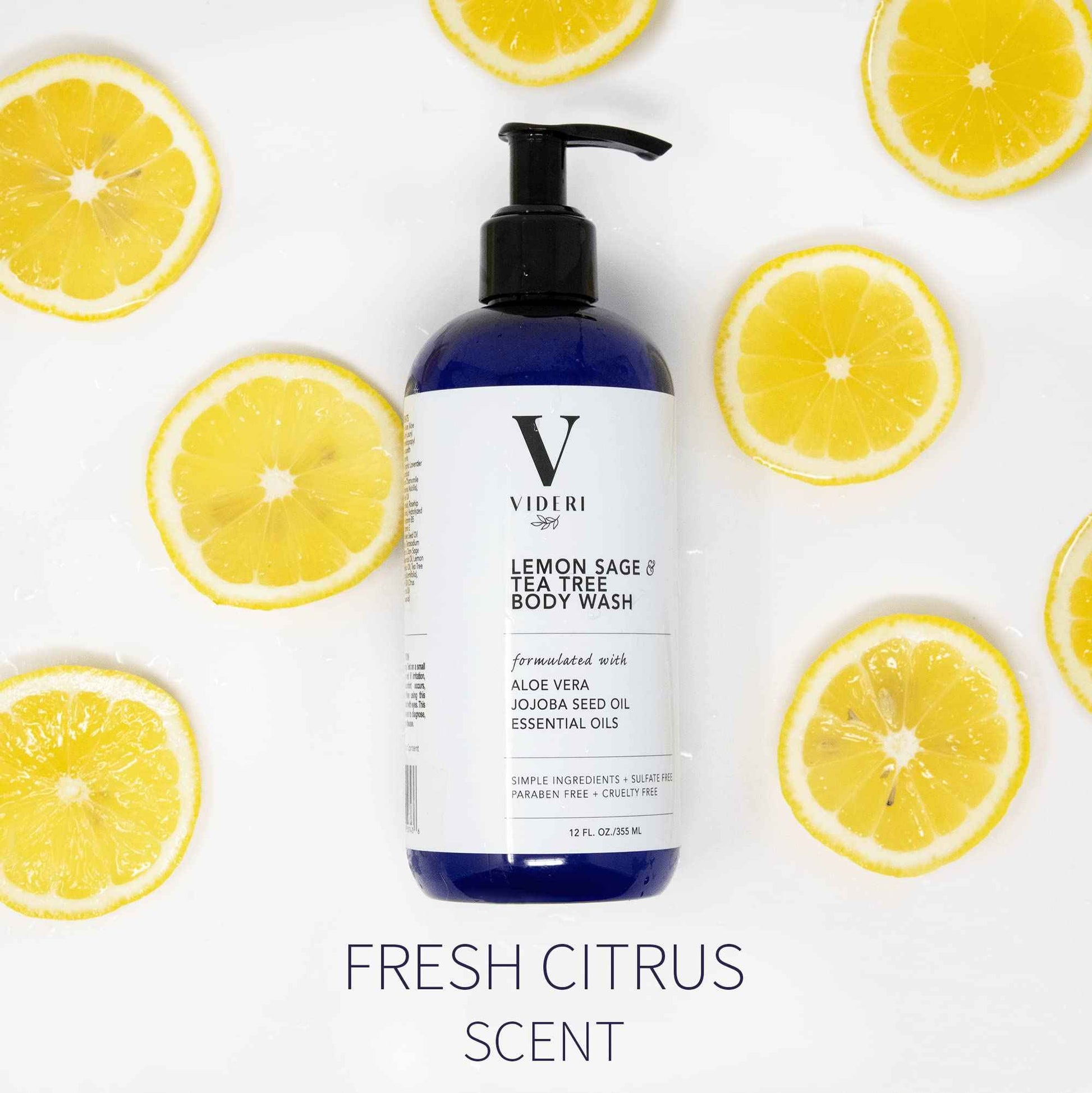 Videri Sulfate Free Body Wash for Sensitive Skin Lemon Sage & Tea Tree Body Wash - Essential Oils, Aloe Vera & Jojoba - Antioxidant Rich, Gentle on Skin & Fresh Citrus Scent - Large 12 fl oz