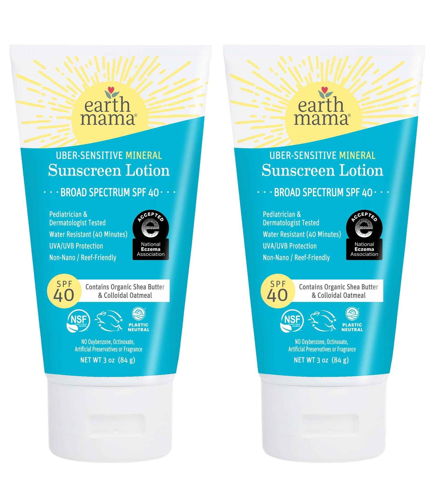 Earth Mama Uber-Sensitive Mineral Sunscreen Lotion SPF 40 | Non-Nano Zinc, Contains Organic Colloidal Oatmeal | Steroid-Free Eczema Cream for Baby, Kid & Family, 3-Ounce, 2-Pack