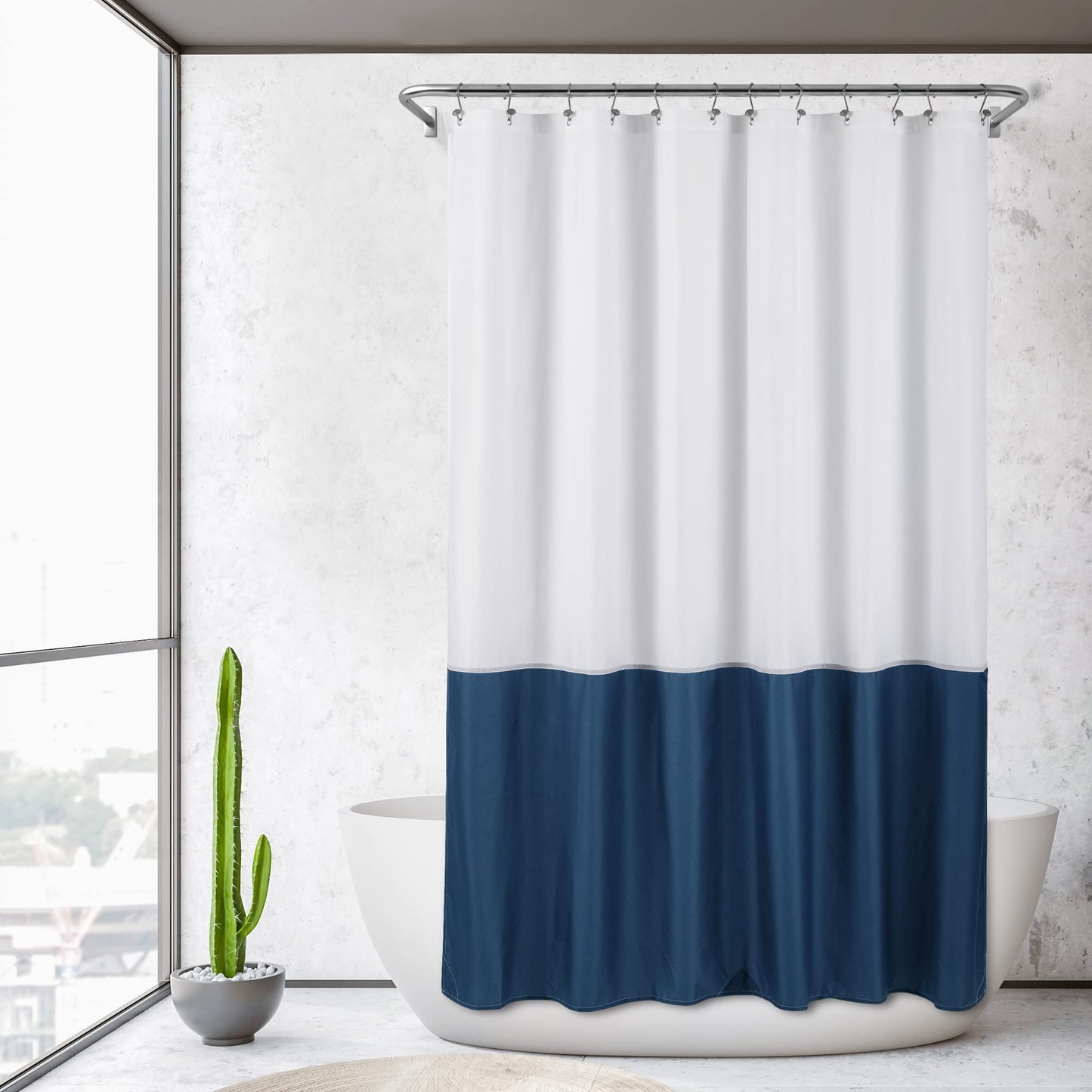 ALYVIA SPRING Waterproof Fabric Shower Curtain Liner - Soft & Light-Weight Cloth Shower Liner, 3 Bottom Magnets, Hotel Quality & Machine Washable - Standard Size 72x72, White and Navy