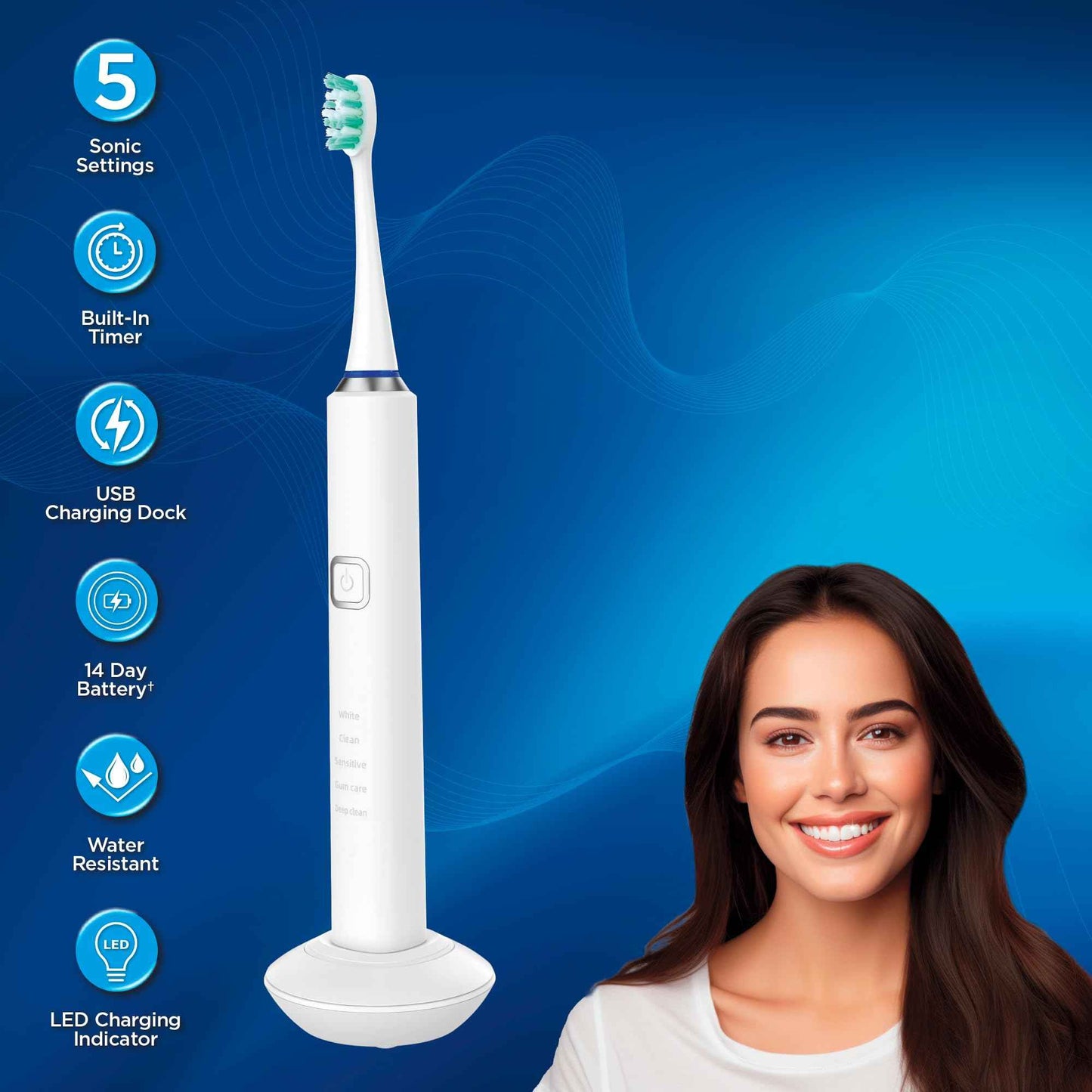 Ontel Miracle Smile Sonic Toothbrush, 40,000 VPM Electric Toothbrush with 5 Cleaning Modes, Includes 6 Brush Heads, USB Dock & Travel Case, Cordless, Water Resistant Rechargeable Toothbrush