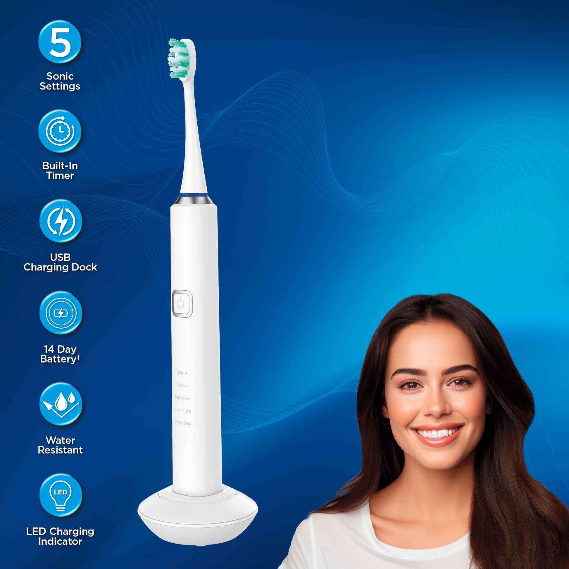Ontel Miracle Smile Sonic Toothbrush, 40,000 VPM Electric Toothbrush with 5 Cleaning Modes, Includes 6 Brush Heads, USB Dock & Travel Case, Cordless, Water Resistant Rechargeable Toothbrush