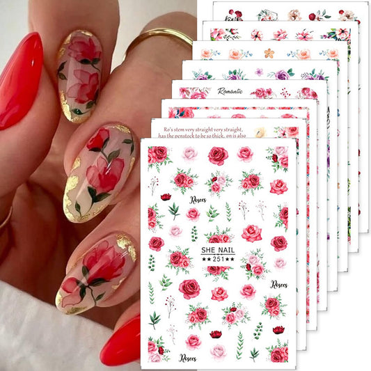 8Sheets Flower Nail Stickers for Nail Art, Flower Nail Decals 3D Self-Adhesive Flowers Rose Nail Art Design Stickers Cute Flower Nail Charms Supplies for Valentine's Day Nail Decoration Accessories