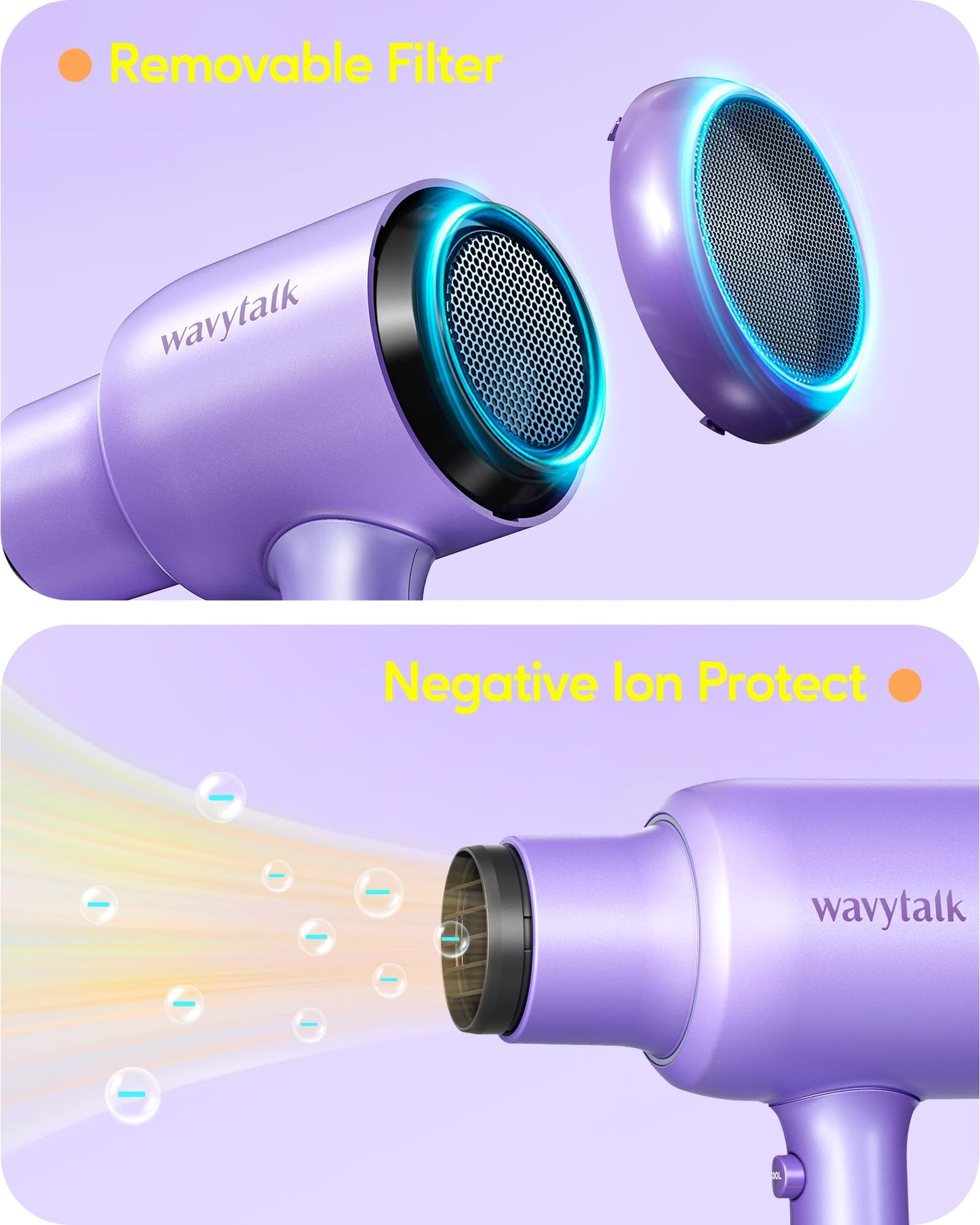 Wavytalk Ionic Blow Dryer with Diffuser - Professional 1875W Hair Dryer for Women, Constant Temperature, Comb for Fasting Drying, Light and Quiet, Purple