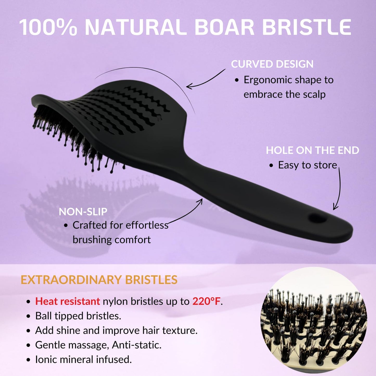 Inatekpro Hair Brush - Curved & Vented Detangler Brush with Boar Bristles - Ideal for All Hair Types, Wet & Dry Hair, Kids, Women & Men