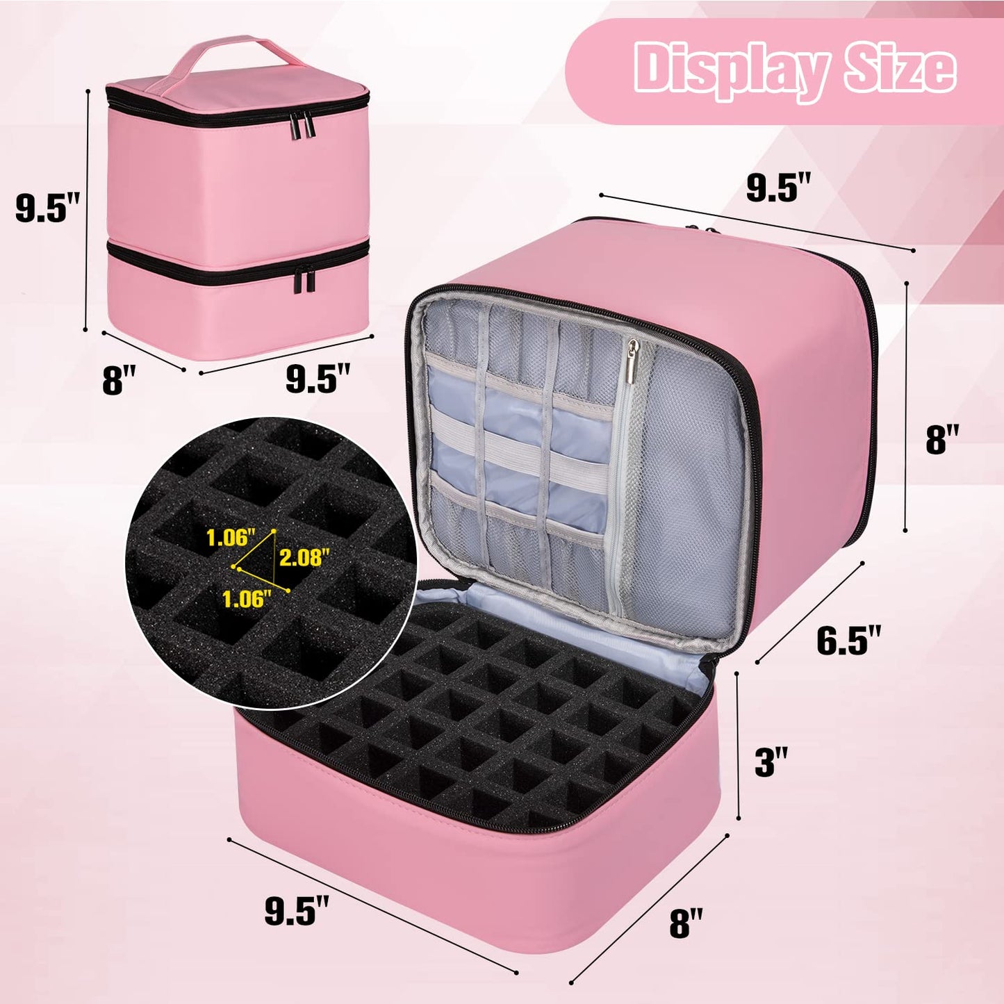 TDIFFUN Nail Polish Organizer and Nail Dryer Case, Double-Layer Storage Holds 30 Bottles (15ml/0.5 fl.oz) and 1 Led Nail Lamp, Travel Carrying Case for Nail Polish Kit Set (Pink)