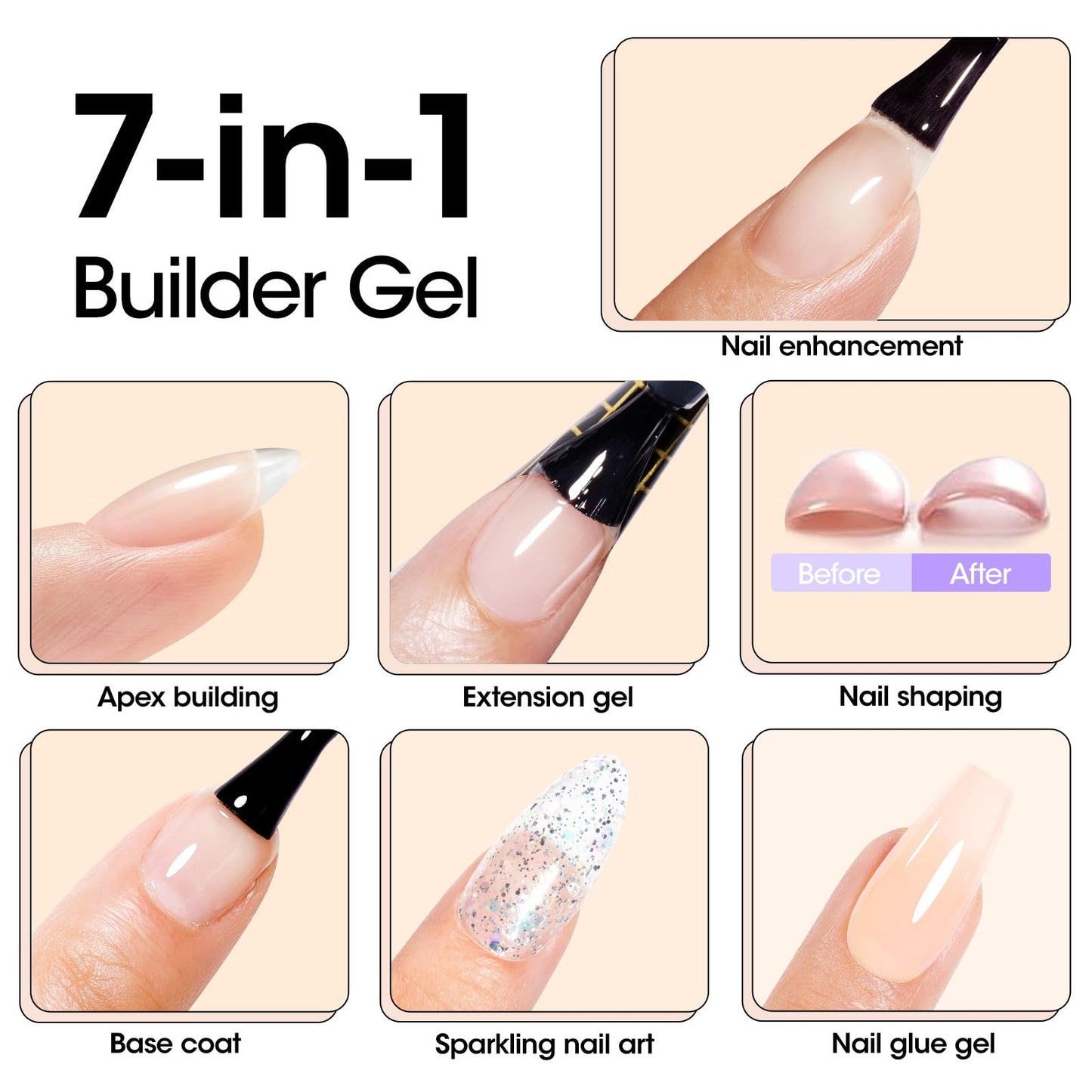 Gellen Builder Gel for Nails, 7 in 1 Builder Strengthener Gel Nude Color Hard Gel Builder Extension Nail Gel Base Gel for Nail Salon DIY Manicure Nail Art Design Gift for Girls