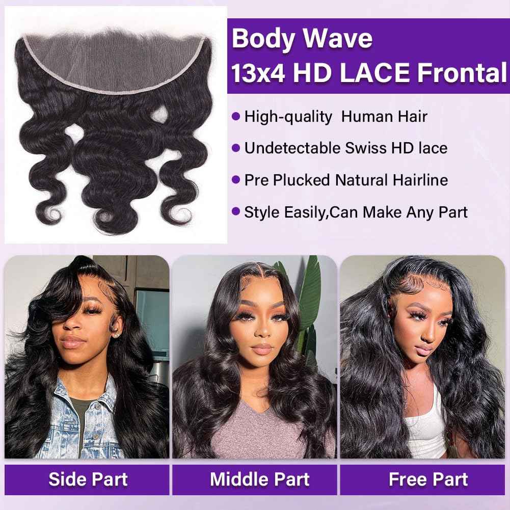 Olsmkis Body Wave HD Lace Frontal 13x4 14 Inch Ear to Ear Transparent Lace Front Closure 100% Unprocessed Brazilian Virgin Human Hair 13 x 4 Pre Plucked with Baby Hair 180% Density Natural Black