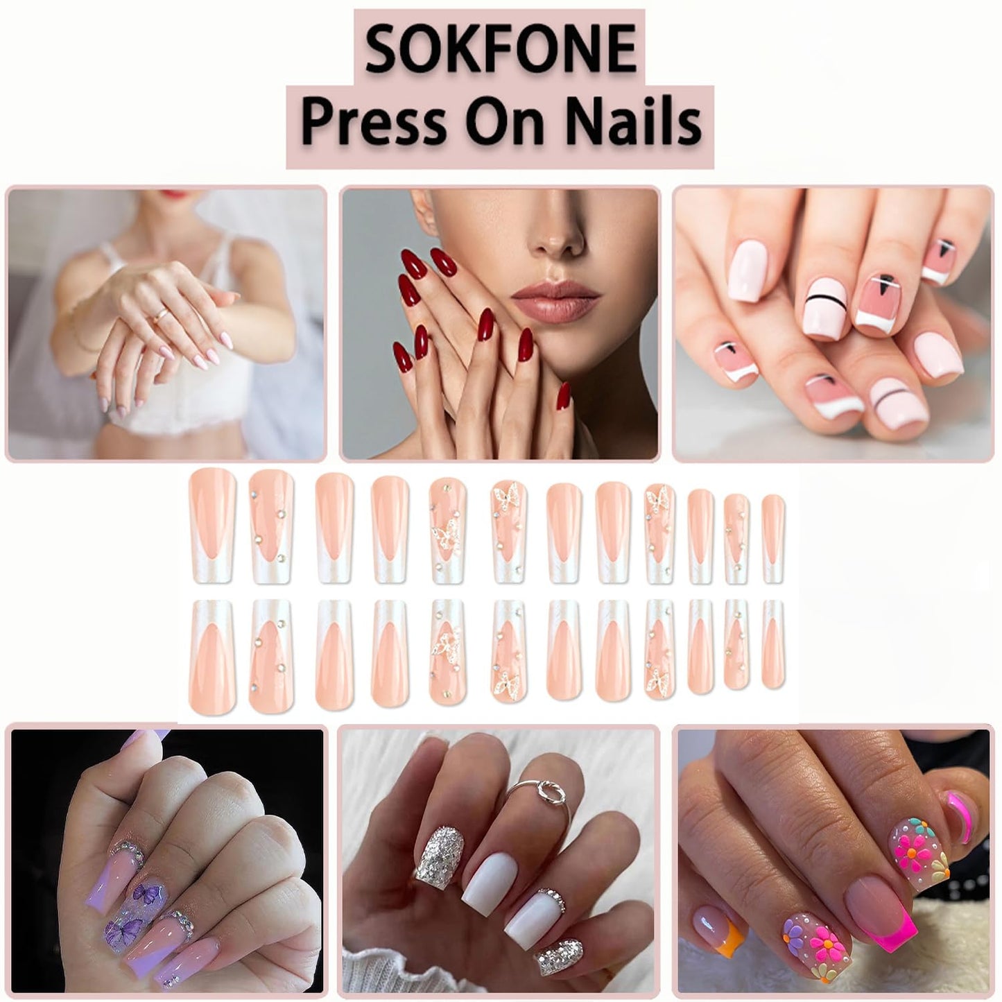 Long Square Press on Nails French Tip Fake Nails Glitter False Nails with Luxury Rhinestones and Butterfly Charm Designs Acrylic Nails Full Cover Glossy Stick on Nails for Women Nail Decorations