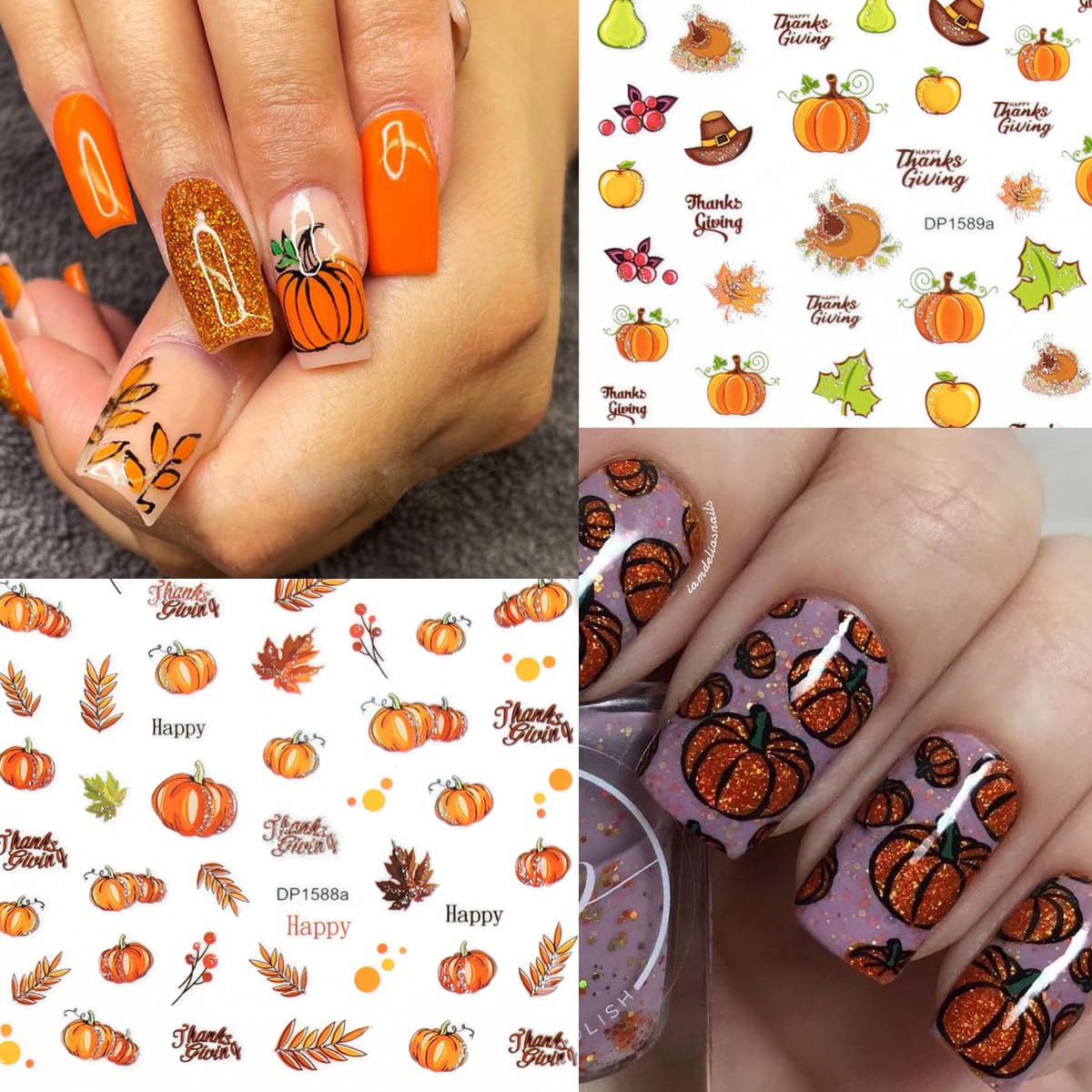 6 Sheets Fall Nail Art Stickers 3D Thanksgiving Pumpkins Nail Decals Glitter Design Turkey Maple Leaves Nail Stickers Self-Adhesive Autumn Nail Supplies for Women DIY Holiday Manicure Accessories