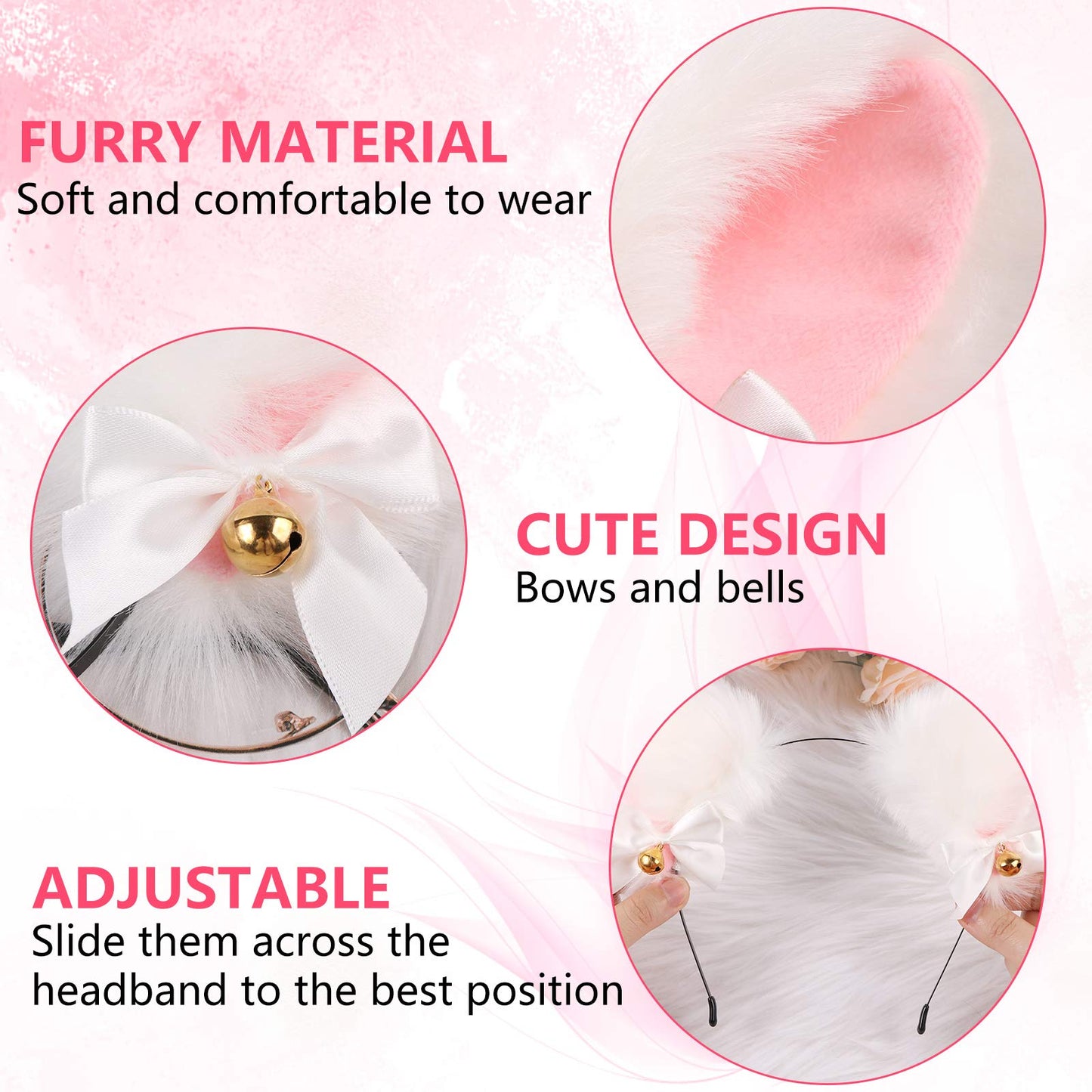 Faux Furry Anime Faux Fur Fox Ear Headband with Bells, Plush Neko Cosplay Accessory for Halloween Costume Party Fancy Dress (White-Pink)