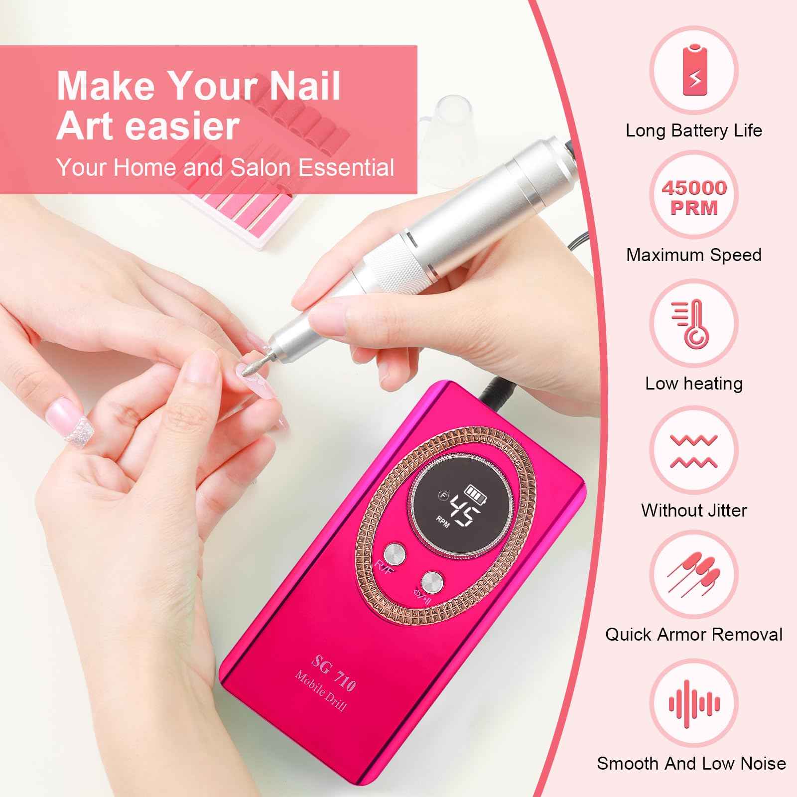 Nail Drill Machine Electric 45000RPM Rechargeable Portable Nail Drill Kit DIY Nail File Electric with Smart LCD Screen for Gel Nail Manicure and Pedicure Reflective Body etc(Crimson)
